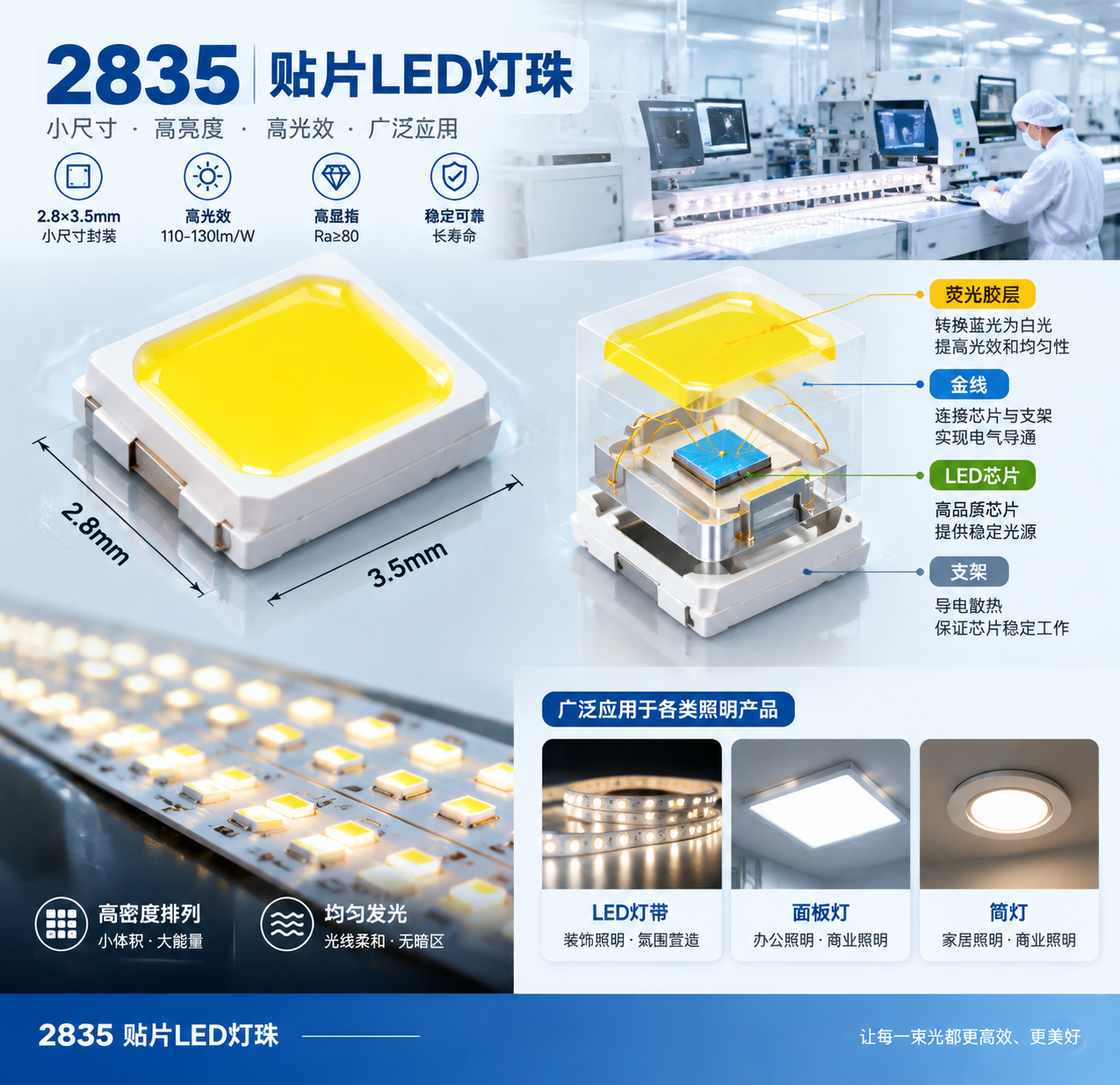 横版科技产品展示图：放大展示SMD 2835 LED灯珠微观结构（2.8×3.5mm封装尺寸），半透明剖面揭示LED芯片、支架、金线连接材料、荧光胶层四个组成部分，标注应用于LED灯带、面板灯、筒灯等照明产品，背景现代LED生产环境与柔和白光效果