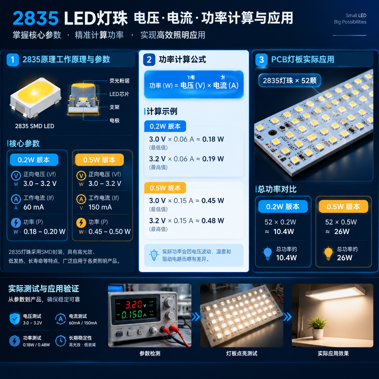 横版技术解析信息图：左侧2835灯珠工作原理示意显示3.0-3.2V电压与60mA/150mA电流，中间功率公式“功率(W)=电压(V)×电流(A)”及示例计算3.0V×0.06A≈0.18W、3.2V×0.15A≈0.48W，右侧52颗2835灯珠在PCB灯板上的实际应用场景并标注0.2W版本约10.4W、0.5W版本约26W总功率对比
