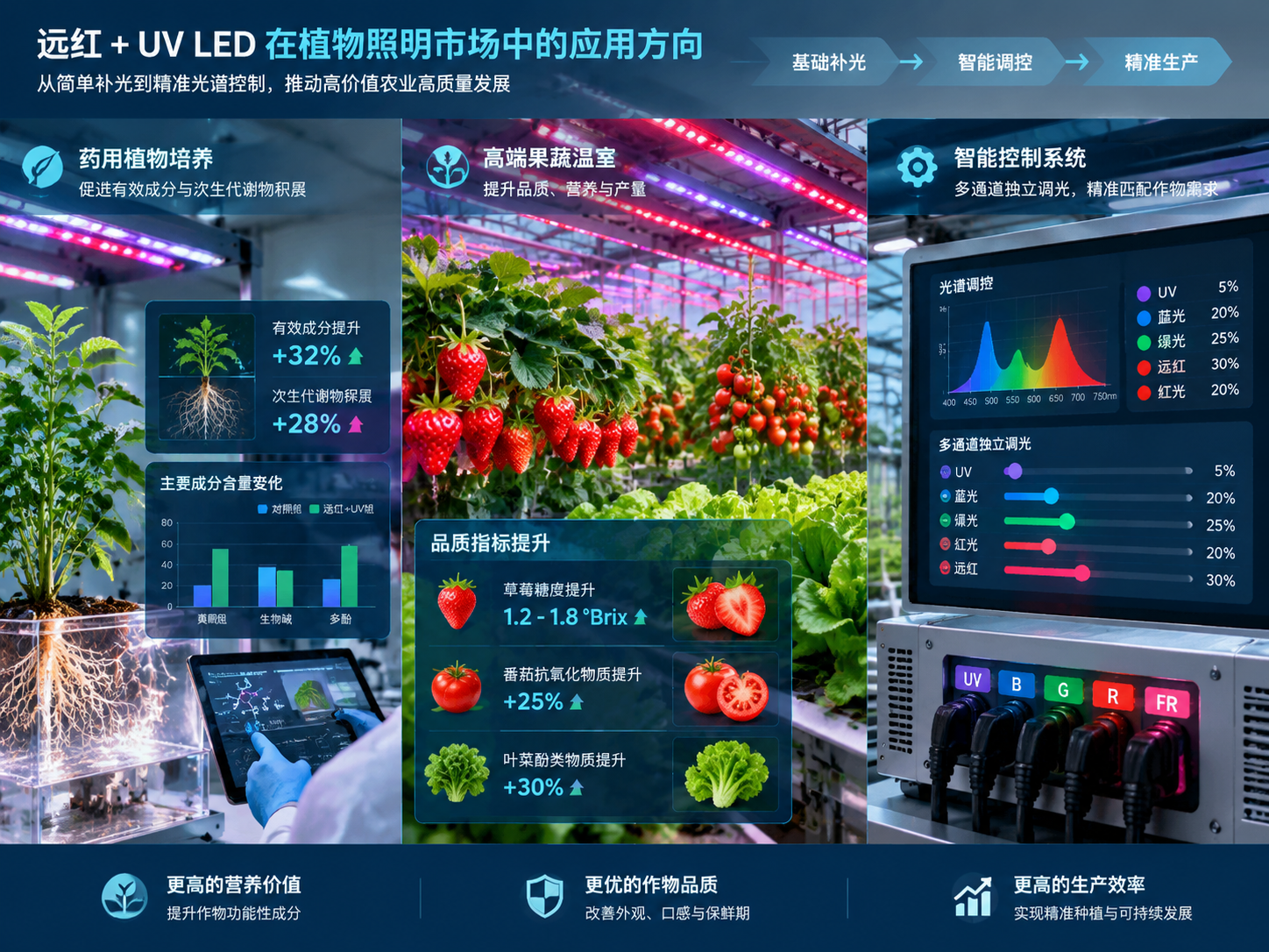 横版应用落地图,展示高价值农业实际应用场景拼接,左侧药用植物培养区域显示有效成分提升科研检测界面,中间高端果蔬温室草莓番茄叶菜在远红+UV组合光谱照射下生长旁边展示糖度提升抗氧化物质提升酚类物质提升,右侧智能控制系统通过多通道独立调光调节不同波段比例,实现精准生产,真实项目案例摄影结合轻量科技数据叠加,突出从简单补光到精准光谱控制的发展趋势,横版构图