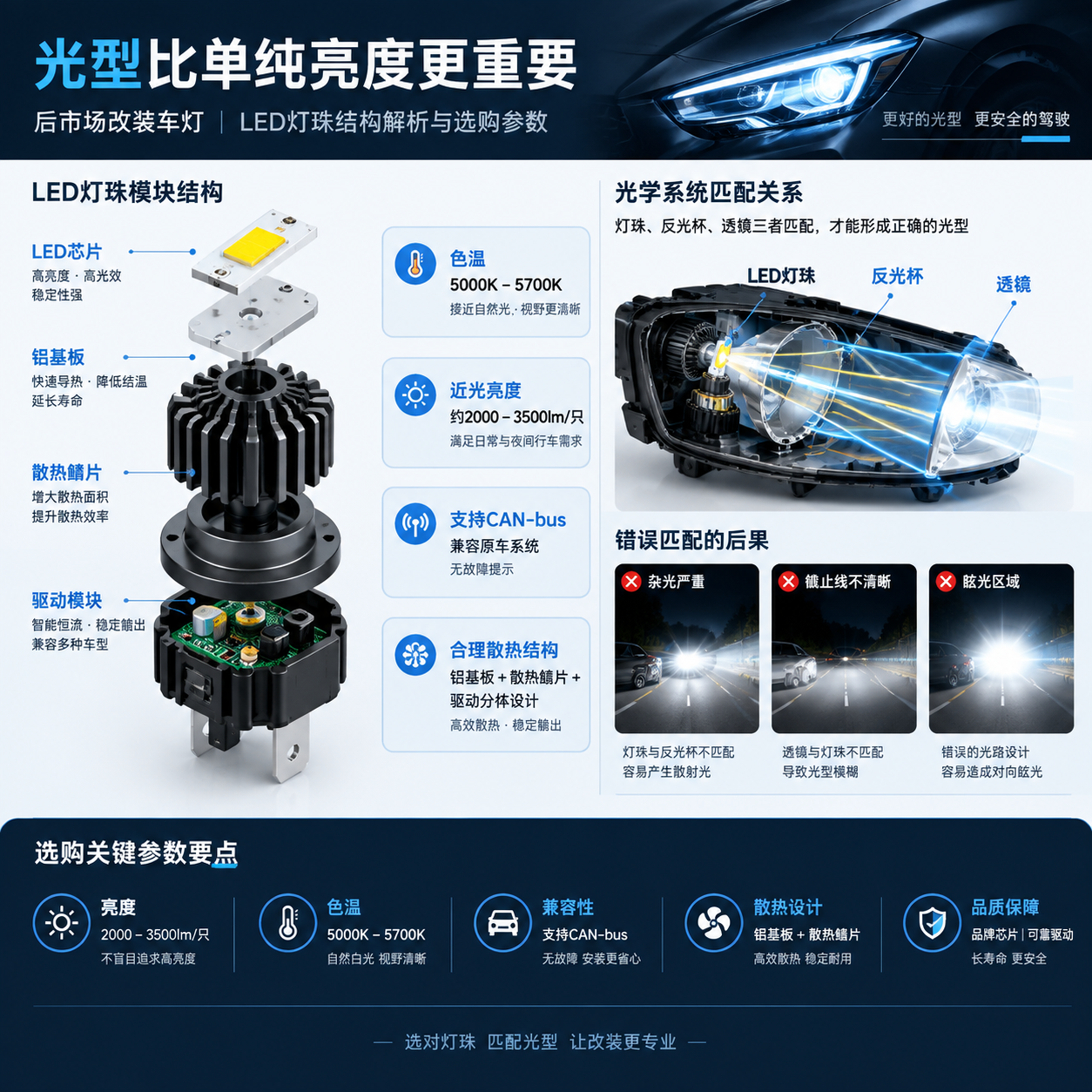 汽车LED前照灯技术原理信息图,拆解LED芯片铝基板散热鳍片驱动模块,标注色温5000K-5700K亮度2000-3500lm支持CAN-bus,车辆光学结构匹配示意光型比亮度更重要
