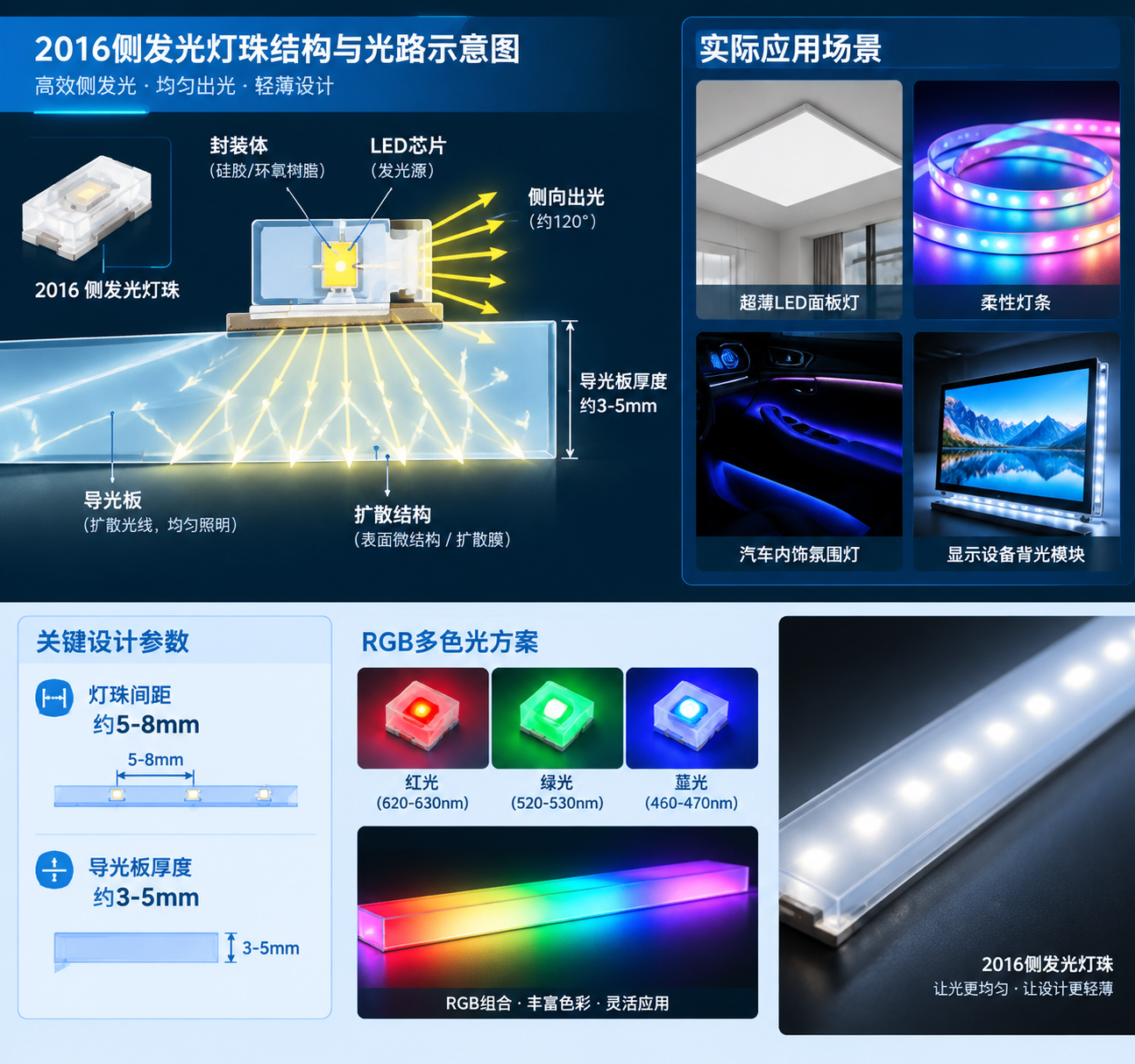 横版技术原理与应用结合示意图，左侧展示2016侧发光灯珠结构剖面图（LED芯片、封装体、侧向出光方向、导光板扩散结构光路箭头），右侧展示超薄LED面板灯、柔性灯条、汽车内饰氛围灯、显示设备背光模块，标注灯珠间距5-8mm、导光板厚度3-5mm，体现RGB多色光方案效果，专业工业设计信息图，结构清晰横版布局