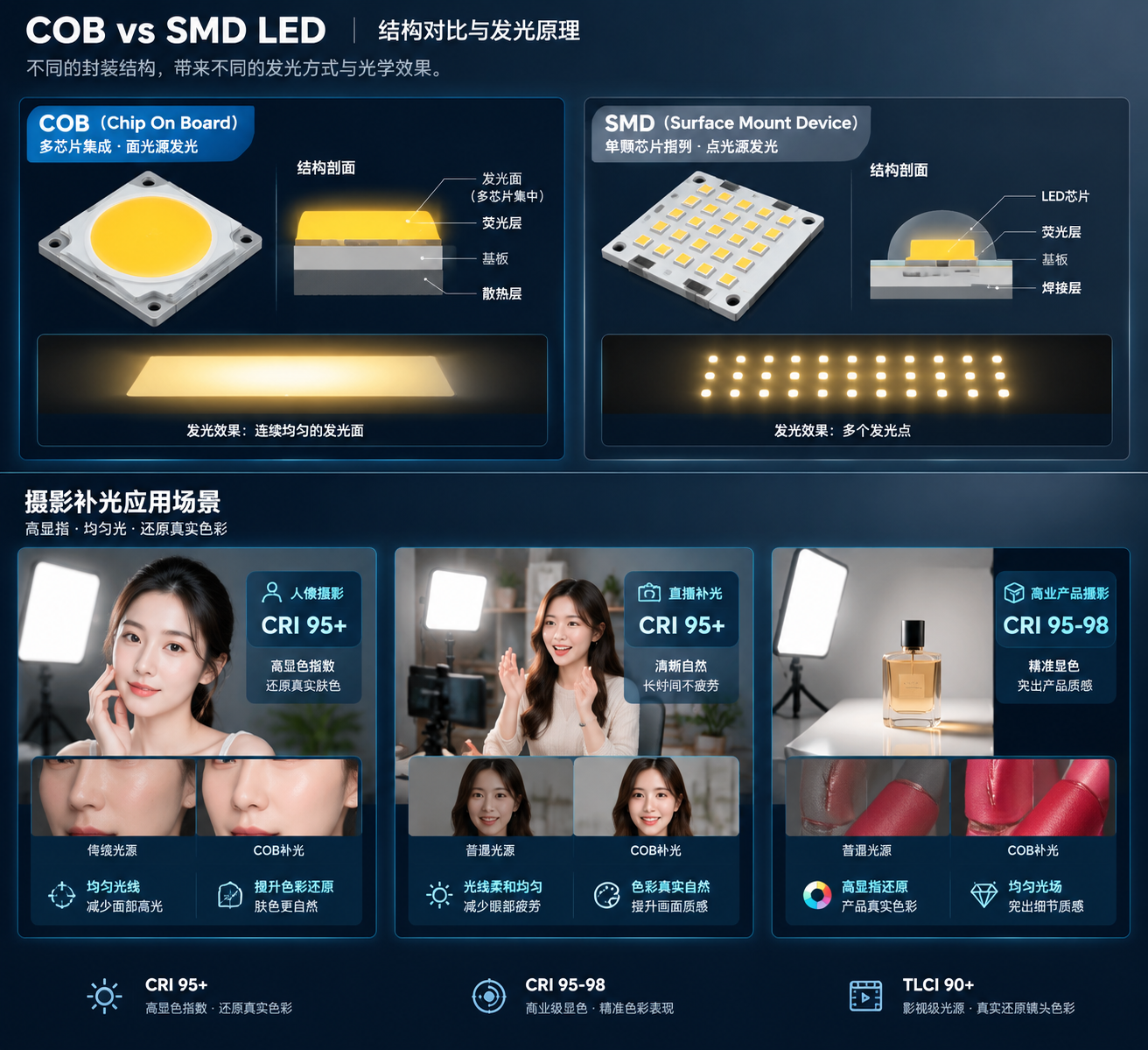 COB 与 SMD 灯珠结构对比技术信息图:COB 多芯片集中发光连续面,SMD 单颗 LED 排列多个发光点;人像摄影 CRI 95+、商业产品摄影 CRI 95-98、影视拍摄 TLCI 90+,均匀光线减少面部高光提升颜色还原