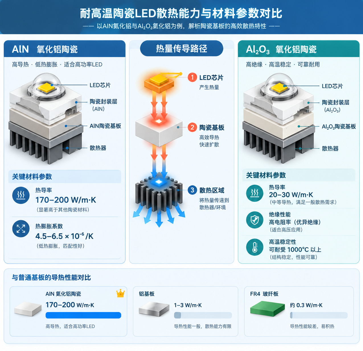 横版技术原理信息图,围绕耐高温陶瓷LED散热能力和材料参数进行可视化展示。左侧展示AlN氮化铝陶瓷LED封装截面,标注热导率170-200W/m·K、低热膨胀系数特点,右侧展示Al₂O₃氧化铝陶瓷封装截面,标注热导率20-30W/m·K、良好绝缘和高温稳定性能,中间加入热量从LED芯片到陶瓷基板再到散热区域的箭头流程。下方增加简洁对比区域,将铝基板1-3W/m·K、FR4约0.3W/m·K作为普通基板参考数据进行可视化对照。画面采用专业工程图表风格,包含结构拆解、参数卡片、热流路径,不出现品牌元素。横版构图,适配公众号文章排版。