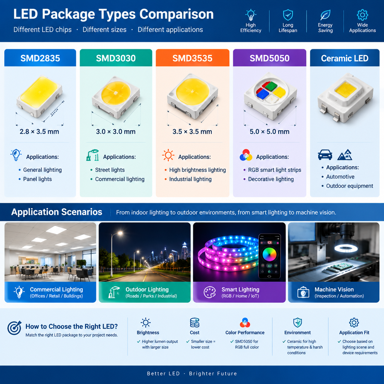 横版技术示意图，展示不同LED灯珠型号参数对比与应用场景。画面中心为SMD2835、SMD3030、SMD3535、SMD5050以及陶瓷灯珠的结构对比展示，每种灯珠旁边标注对应尺寸和应用信息：SMD2835尺寸2.8×3.5mm用于照明和面板灯，SMD3030尺寸3.0×3.0mm用于路灯和商业照明，SMD3535尺寸3.5×3.5mm用于高亮照明，SMD5050采用5.0×5.0mm多芯结构用于RGB智能灯带，陶瓷灯珠用于汽车和户外设备。背景结合商业照明灯具、户外灯具、智能灯光设备和机器视觉设备的应用缩略场景，采用清晰的信息图表结合产品微距展示风格，横版排版，突出型号差异和选型依据。 English note: LED package types comparison infographic with applications and specifications.
