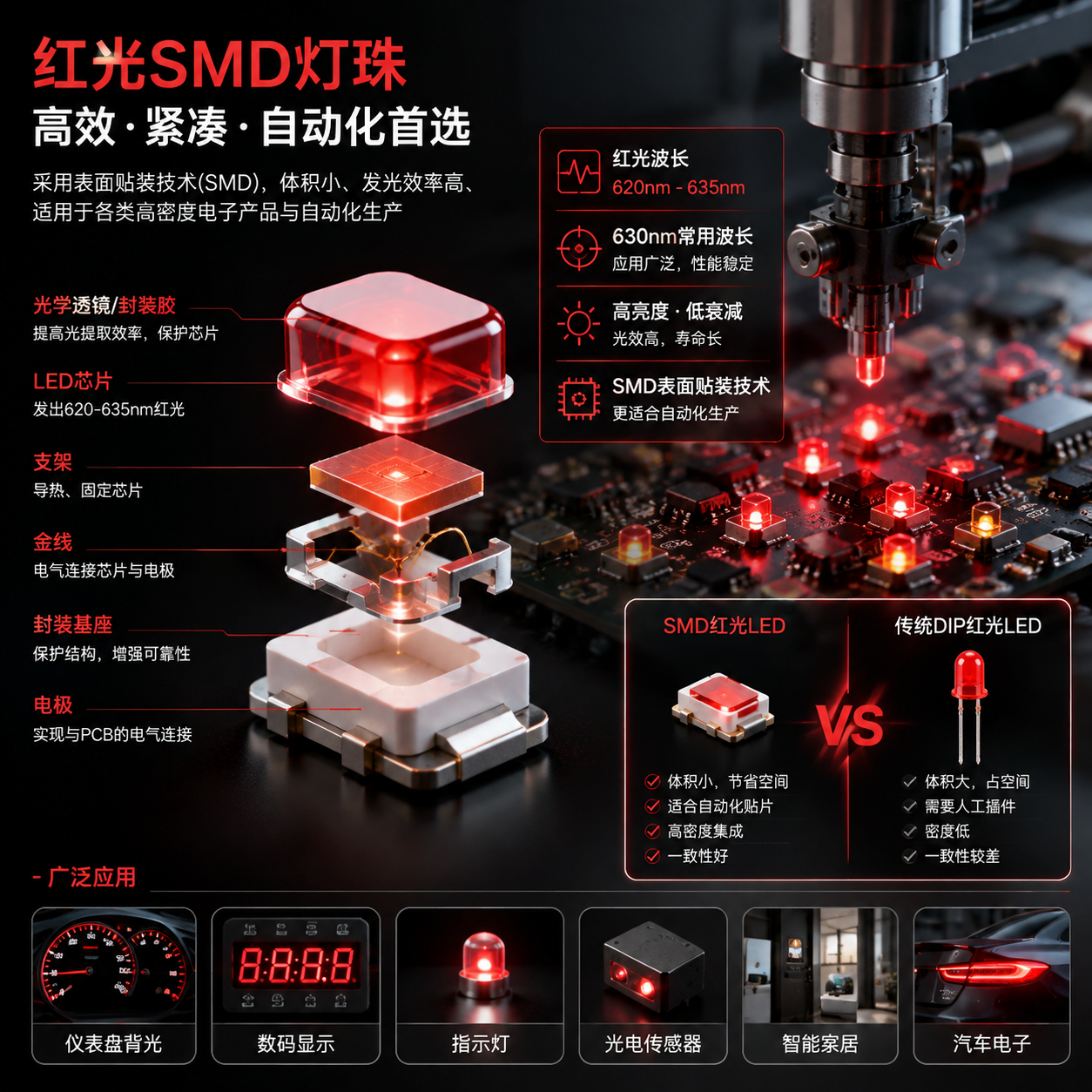 红光SMD灯珠整体概念:横版科技产品展示,中心为拆解状态的红光SMD灯珠微型元件(展示LED芯片、支架、封装材料、电极及光学结构),旁边为PCB线路板与小型化电子设备应用场景,背景深色科技实验室,融入表面贴装技术SMD、620nm-635nm波长及630nm常用波长标注,突出紧凑、适合自动化生产的特点