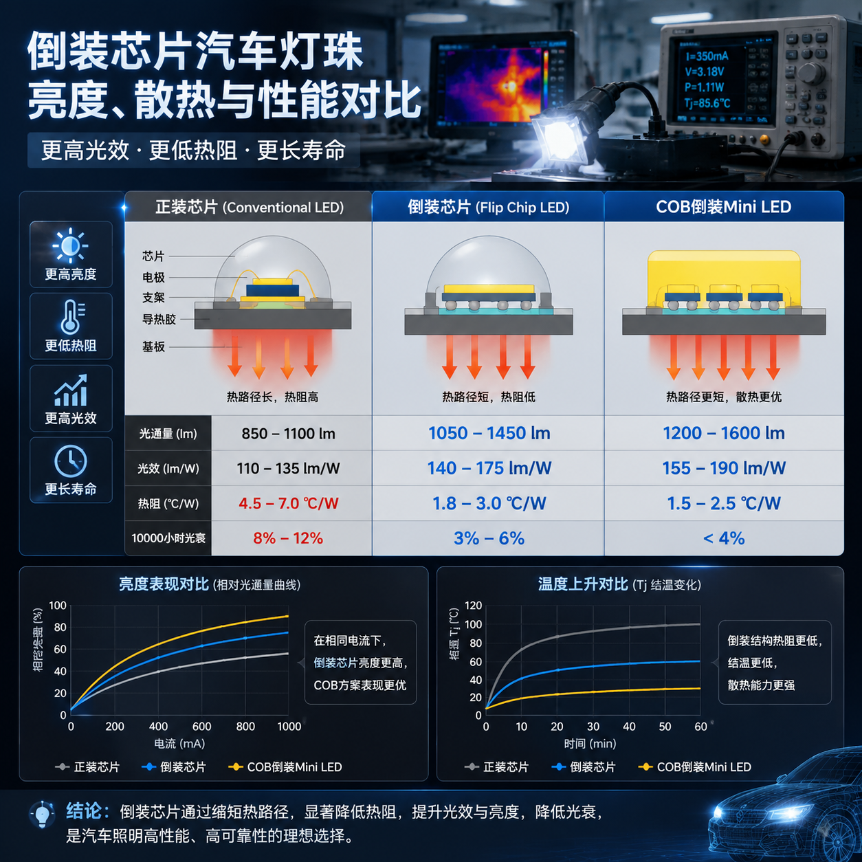 横版技术数据可视化图片,围绕倒装芯片汽车灯珠亮度、散热能力和性能参数对比制作。画面主体为半导体实验室风格的LED灯珠测试场景,中央展示倒装芯片、正装芯片、COB倒装Mini LED三组方案对比面板。数据区域清晰呈现原文参数:正装芯片光通量850-1100lm、光效110-135lm/W、热阻4.5-7.0℃/W、10000小时光衰8%-12%;倒装芯片光通量1050-1450lm、光效140-175lm/W、热阻1.8-3.0℃/W、光衰3%-6%;COB倒装Mini LED光通量1200-1600lm、光效155-190lm/W、热阻1.5-2.5℃/W、光衰小于4%。同时用热流箭头展示倒装结构更短热路径,配合亮度曲线和温度变化示意。整体风格为专业LED工程分析图,横版排版,适合文章中段技术原理说明。