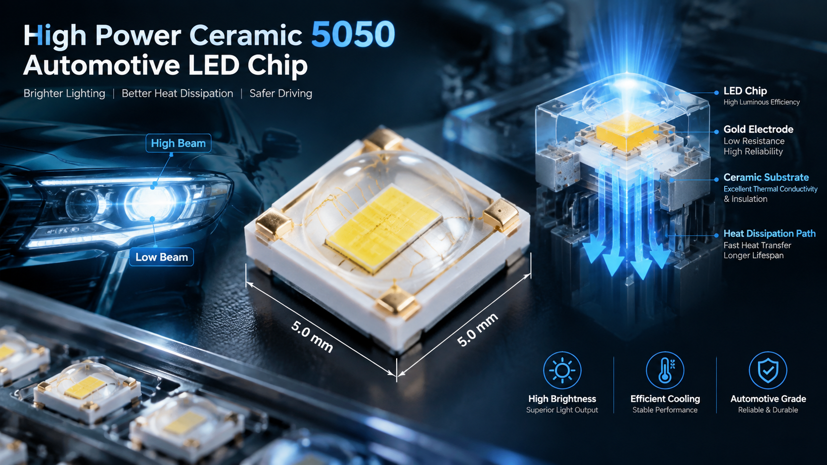 横版科技产品展示图,高功率陶瓷5050汽车LED灯珠微观放大实物,突出5.0mm×5.0mm方形封装结构,白色陶瓷基板、金色电极、发光芯片细节,背景现代汽车前照灯内部结构,半透明剖面展示散热路径,冷色科技光效突出高亮照明与散热管理