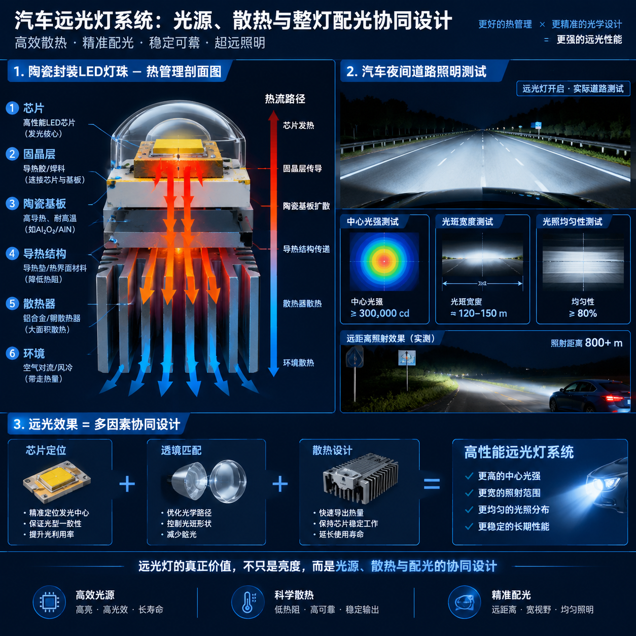 陶瓷封装LED热管理路径与汽车远光灯配光测试场景