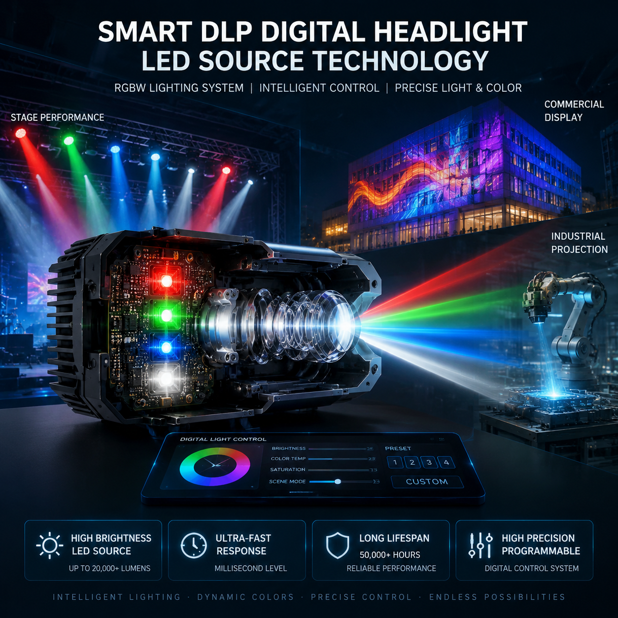 Smart DLP digital headlight LED source technology overview, RGBW lighting system, futuristic industrial style, horizontal composition. 用于文章开篇,展示智能DLP数字大灯光源灯珠整体概念场景。横版科技产品视觉,画面中心是一套高亮数字灯光系统剖面展示,包含RGB/RGBW LED光源模块、精密光学结构和数字控制界面,光束呈现红绿蓝白四色融合效果,体现多彩数字化灯光效果。背景融合舞台演艺、商业展示、工业投影三个应用场景的虚拟空间,突出智能控制、动态光影和精准调节特点。画面加入简洁参数信息视觉元素:高亮LED灯珠、毫秒级响应、50000小时以上寿命、高精准可编程控制,整体采用现代工业科技风格,适合作为文章首图吸引读者理解DLP数字光源核心价值。