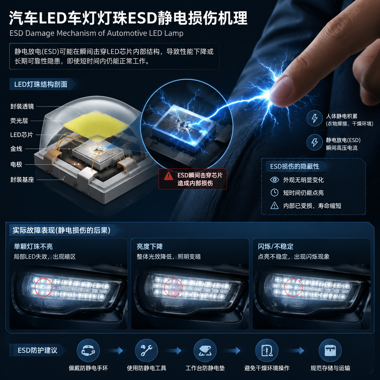 横版技术科普插画,展示汽车LED车灯灯珠因静电放电(ESD)导致损伤的核心场景。画面左侧为汽车LED灯珠微观结构剖面,包括芯片、电极、金线和封装材料,右侧表现人体手指、衣物摩擦产生静电,蓝色电弧瞬间进入LED芯片内部,形成局部击穿、发光异常的视觉效果。加入轻微故障表现,例如单颗灯珠不亮、亮度下降、闪烁区域,用科技感信息图形式呈现静电损伤隐蔽性,突出“短时间仍工作但内部可能受损”的概念。整体采用专业汽车电子维修风格,高清细节,横向构图,适合文章开篇吸引读者。 (ESD damage mechanism of automotive LED lamp, technical infographic, horizontal layout)