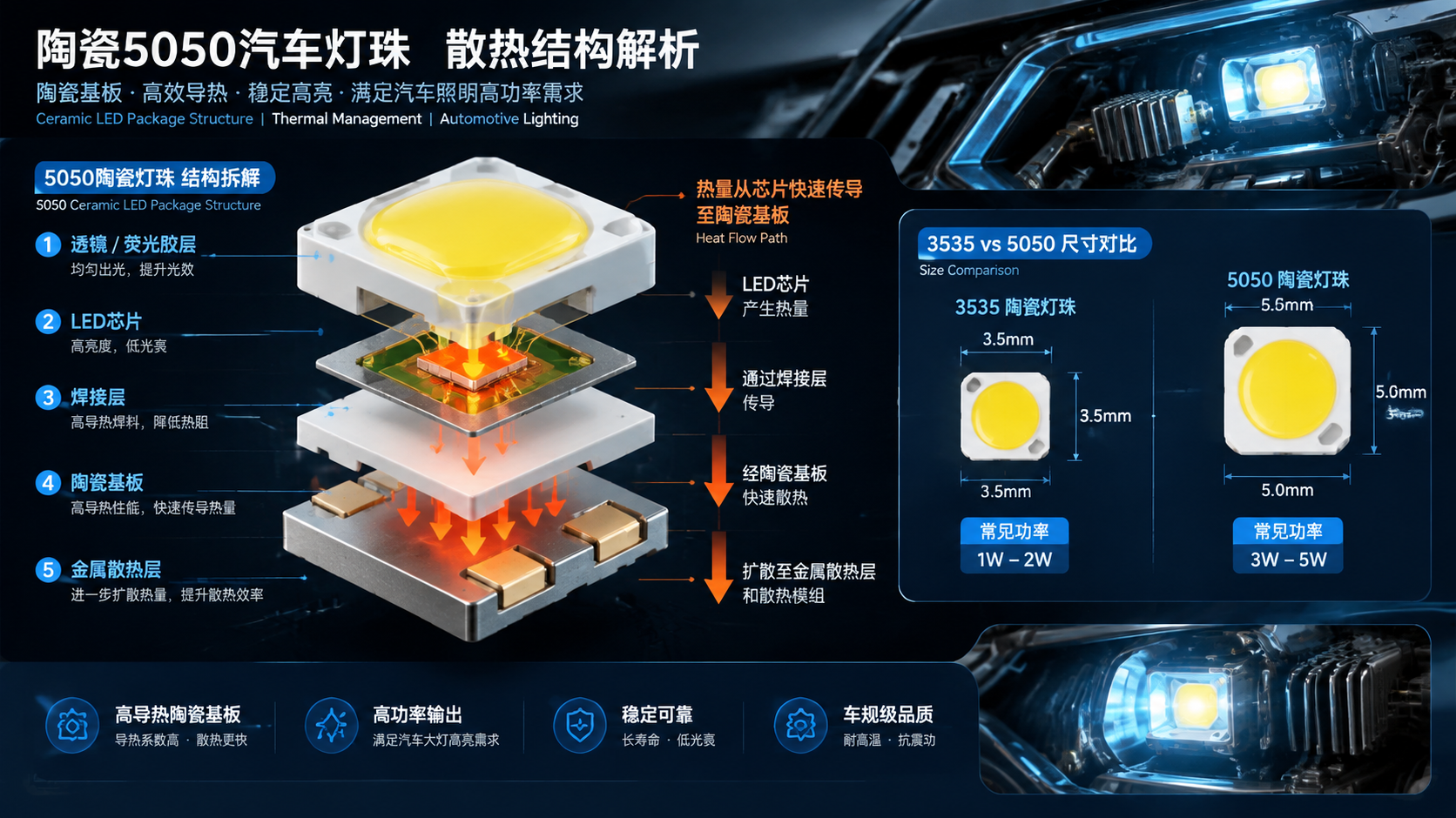 横版技术原理示意图,陶瓷5050汽车灯珠散热结构拆解,陶瓷基板LED芯片焊接层散热路径分层结构,箭头展示热量从芯片向陶瓷快速传递,旁边3535陶瓷灯珠与5050陶瓷灯珠尺寸对比示意3.5mm×3.5mm vs 5.0mm×5.0mm,标注5050常见3W-5W功率范围和3535常见1W-2W功率范围,背景汽车LED大灯内部散热模组,专业工程信息图风格