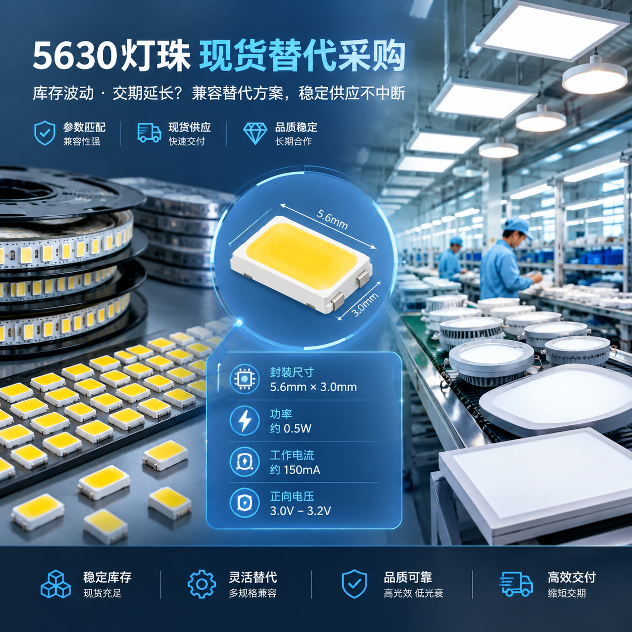 横版科技工业风构图,展示5630灯珠现货替代采购主题场景。画面左侧为一批排列整齐的SMD LED灯珠元件和电子料盘,中间突出5.6mm×3.0mm封装尺寸的微型LED灯珠结构放大示意,右侧展示照明生产车间内的面板灯、筒灯、吸顶灯组装线,体现企业面对库存变化、交期延长时寻找兼容替代方案的场景。画面加入简洁参数信息浮层:封装尺寸5.6mm×3.0mm、功率约0.5W、工作电流约150mA、正向电压3.0V-3.2V,突出参数匹配与稳定供应的重要性。整体采用真实产品摄影结合工业信息图风格,高清细节,横向布局,适合公众号开篇视觉引导。