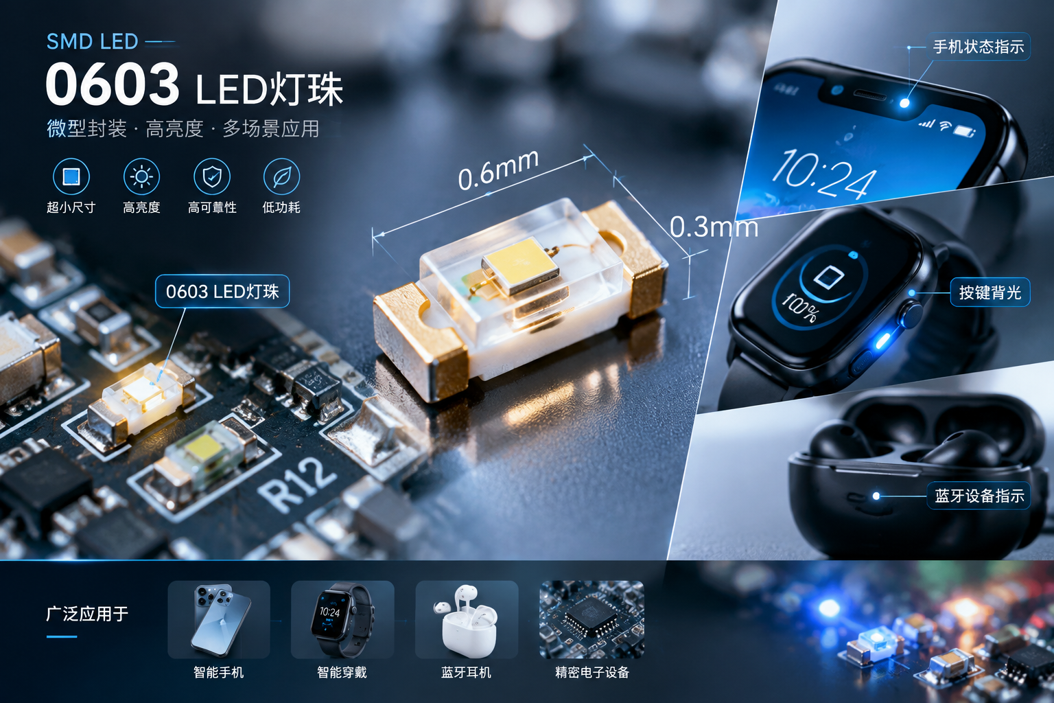 横版科技产品展示图,展示超小型0603LED灯珠放大后精密结构,旁边对比PCB电路板,突出0.6mm长度0.3mm宽度尺寸,背景智能电子设备拆解场景体现其在状态指示、按键背光、精密电子设备中的应用价值,微距摄影结合工业科技渲染风格