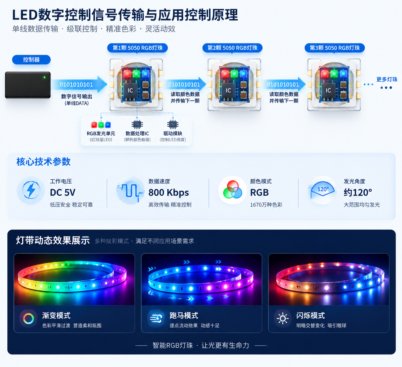 横版技术原理示意图，展示控制器发送数字信号后多颗5050封装RGB灯珠级联传输过程，每颗灯珠内部显示数据处理IC、驱动模块和RGB发光单元，参数信息区域展示DC5V、800Kbps、RGB、120°视角等规格，同时加入渐变、跑马、闪烁动态效果场景化展示