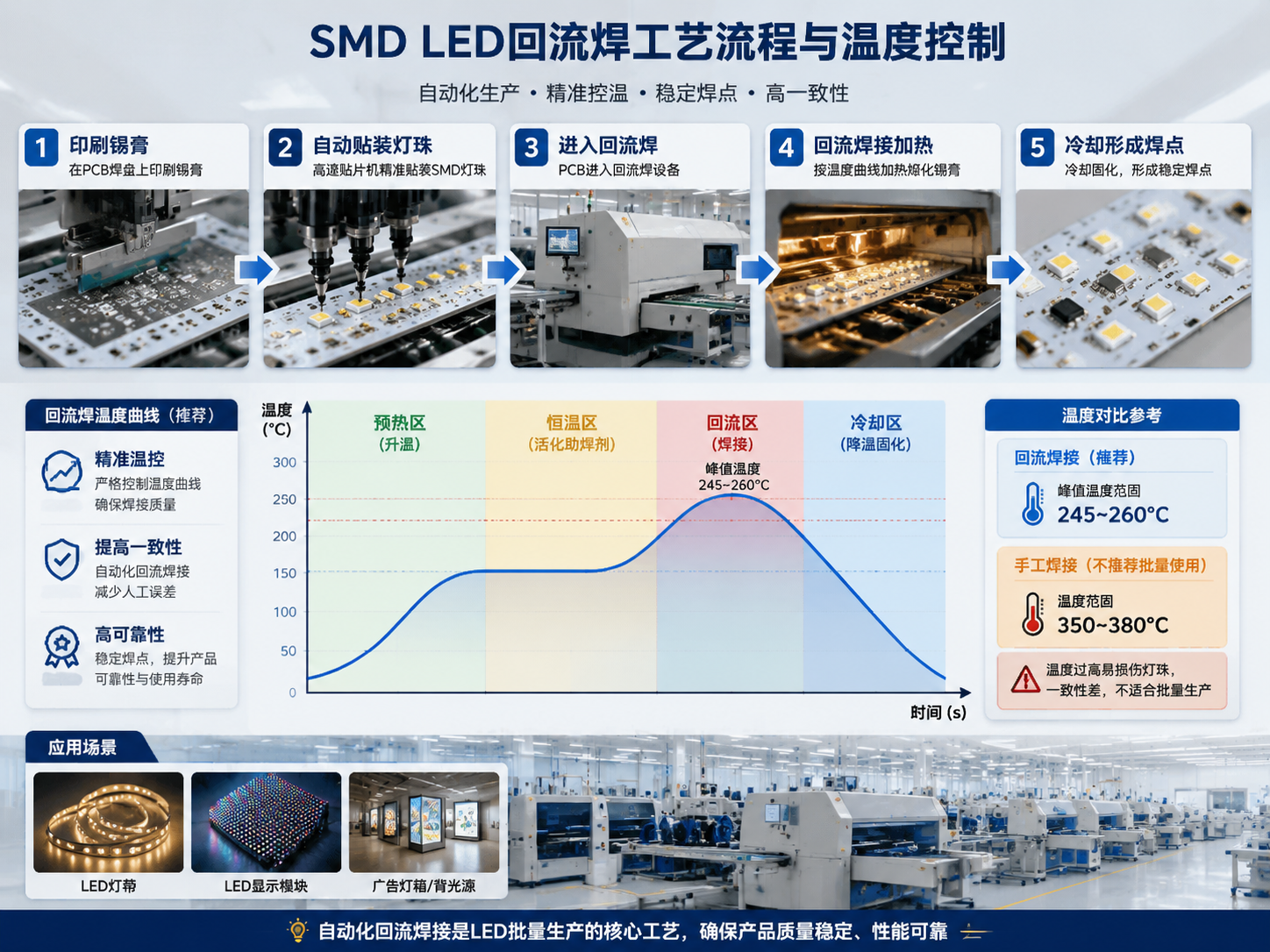 SMD灯珠回流焊与温度控制核心工艺。画面以自动化LED生产线为主体,依次呈现PCB印刷锡膏、自动贴装SMD灯珠、进入回流焊设备、按照温度曲线加热、冷却形成稳定焊点五个步骤。右侧加入温度曲线信息展示:回流焊峰值温度245-260℃范围,手工焊接温度350-380℃,并用示意方式表现不同阶段的升温、恒温、降温过程。背景包含LED灯带、显示模块生产应用场景,突出批量生产中提高焊接一致性、减少人工误差的特点,采用专业电子制造工厂信息图风格,横版构图。English note: Reflow soldering process infographic, LED manufacturing line, temperature profile visualization, horizontal composition.