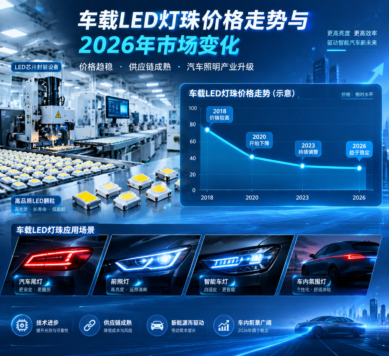 车载LED灯珠价格走势与2026年市场变化主题展示:横版科技工业场景,左侧汽车LED生产线与封装设备,右侧价格趋势曲线(2018年较高、2020年下降、2023年调整、2026年稳定),融入汽车尾灯、前照灯、智能车灯应用场景,现代蓝白色科技光效