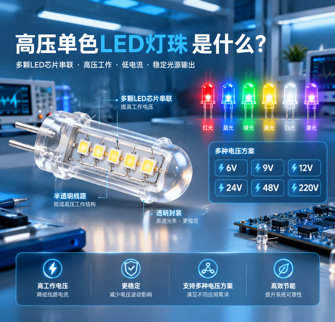 横版科技工业风配图，放置于文章开篇，用于展示“高压单色LED灯珠是什么”这一核心主题。画面主体为一组透明封装的高压单色LED灯珠剖面结构，展示内部多颗LED芯片串联排列，通过半透明线路连接形成高压工作结构；旁边加入红光、蓝光、绿光、黄光、白光、紫光六种单色LED发光效果对比。画面中可加入简洁参数标识：6V、9V、12V、24V、48V、220V，体现不同电压方案。背景采用现代LED实验室环境，搭配电路板、检测仪器和柔和光晕，突出高压LED通过提高工作电压降低线路电流、适用于稳定光源输出的技术特点。整体构图清晰，适合公众号文章首图位置，专业产品技术说明风格。English: high voltage monochrome LED chip structure, voltage options, technical laboratory illustration, horizontal composition.