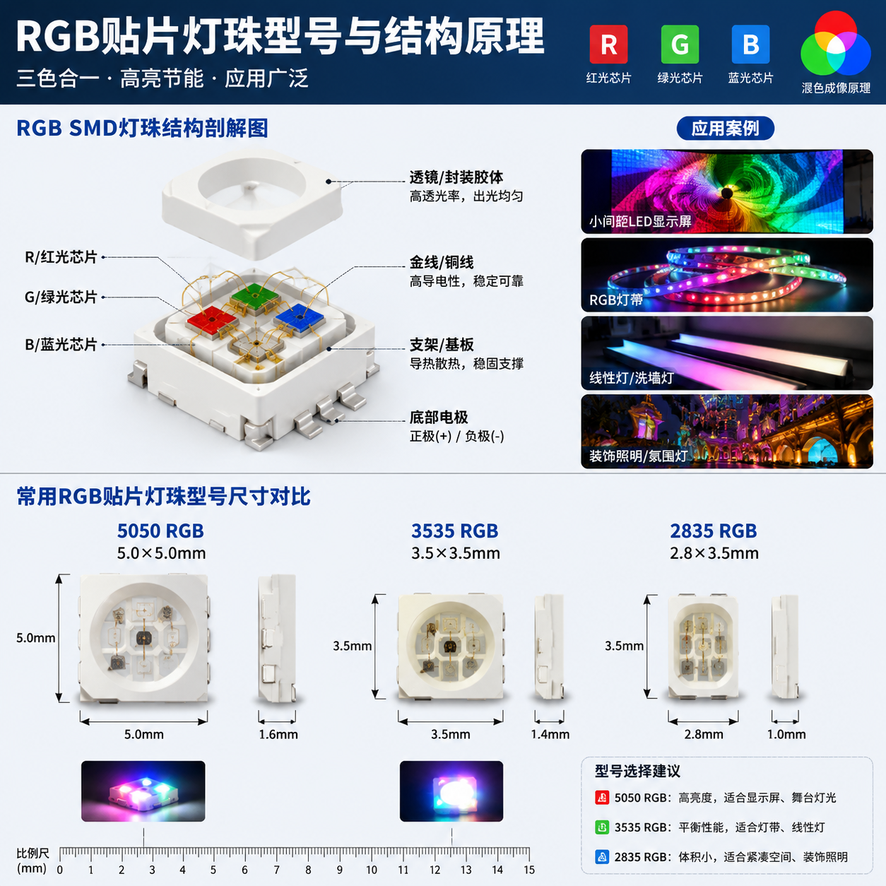 横版构图,展示RGB贴片灯珠型号与结构原理的技术示意图。画面中央为RGB SMD灯珠拆解剖面图,展示红、绿、蓝三颗LED芯片、支架材料、金线或铜线、封装胶体等内部组成结构;下方并排展示5050 RGB、3535 RGB、2835 RGB三种型号尺寸对比,其中标注5050尺寸5.0×5.0mm、3535尺寸3.5×3.5mm、2835尺寸2.8×3.5mm,并通过比例尺体现封装大小差异。背景结合实际应用案例,小间距LED显示屏、RGB灯带、线性灯和装饰照明产品局部场景。整体采用专业LED工程图+产品实拍融合风格,突出型号选择、结构组成和应用匹配关系。 -- English: horizontal technical infographic, RGB SMD LED structure exploded view, 5050 3535 2835 size comparison, engineering style