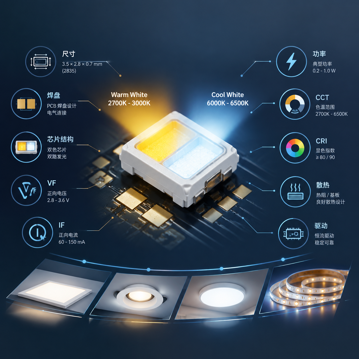 2835双色温SMD LED灯珠选型核心参数