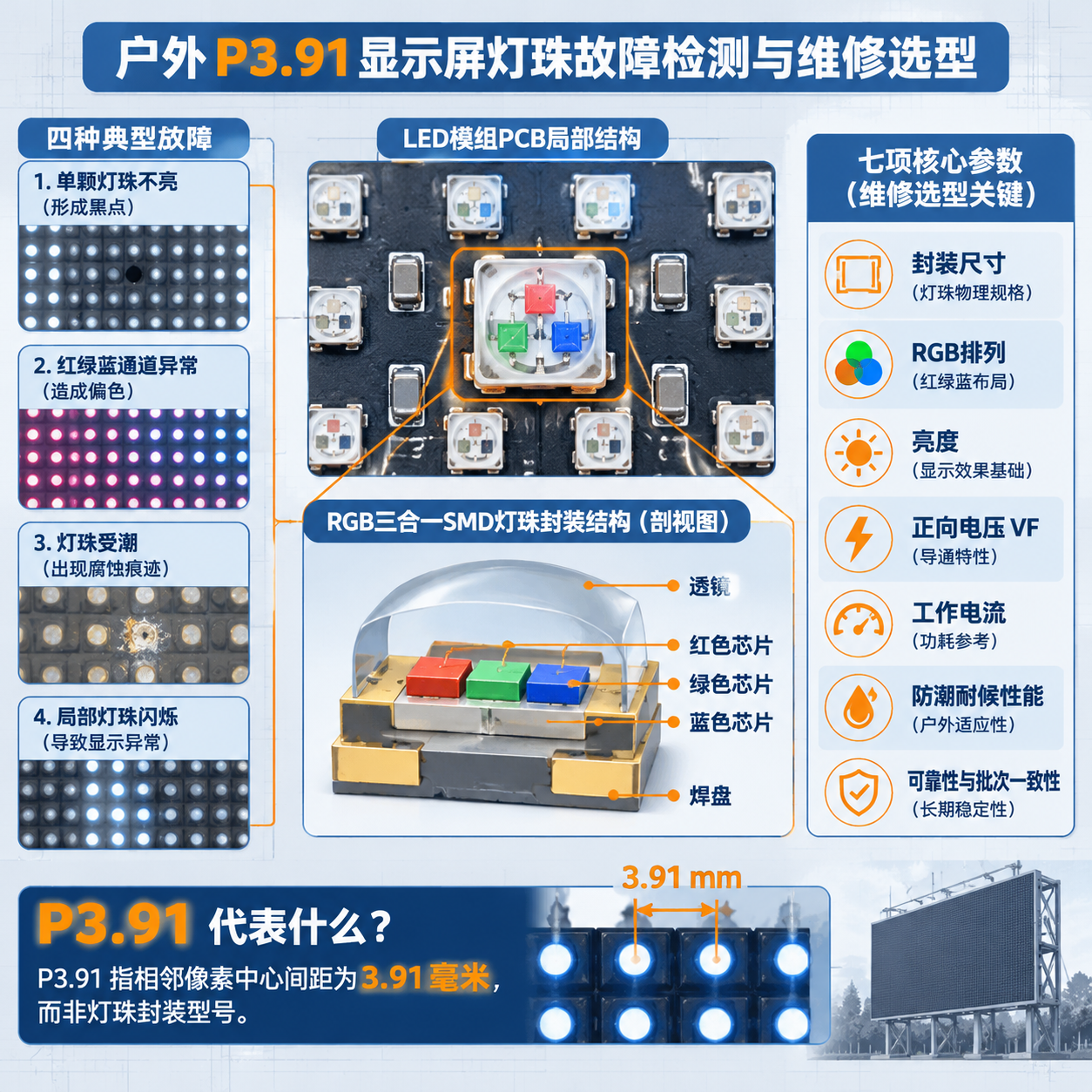 P3.91 LED模组技术示意图，故障诊断与选型参数