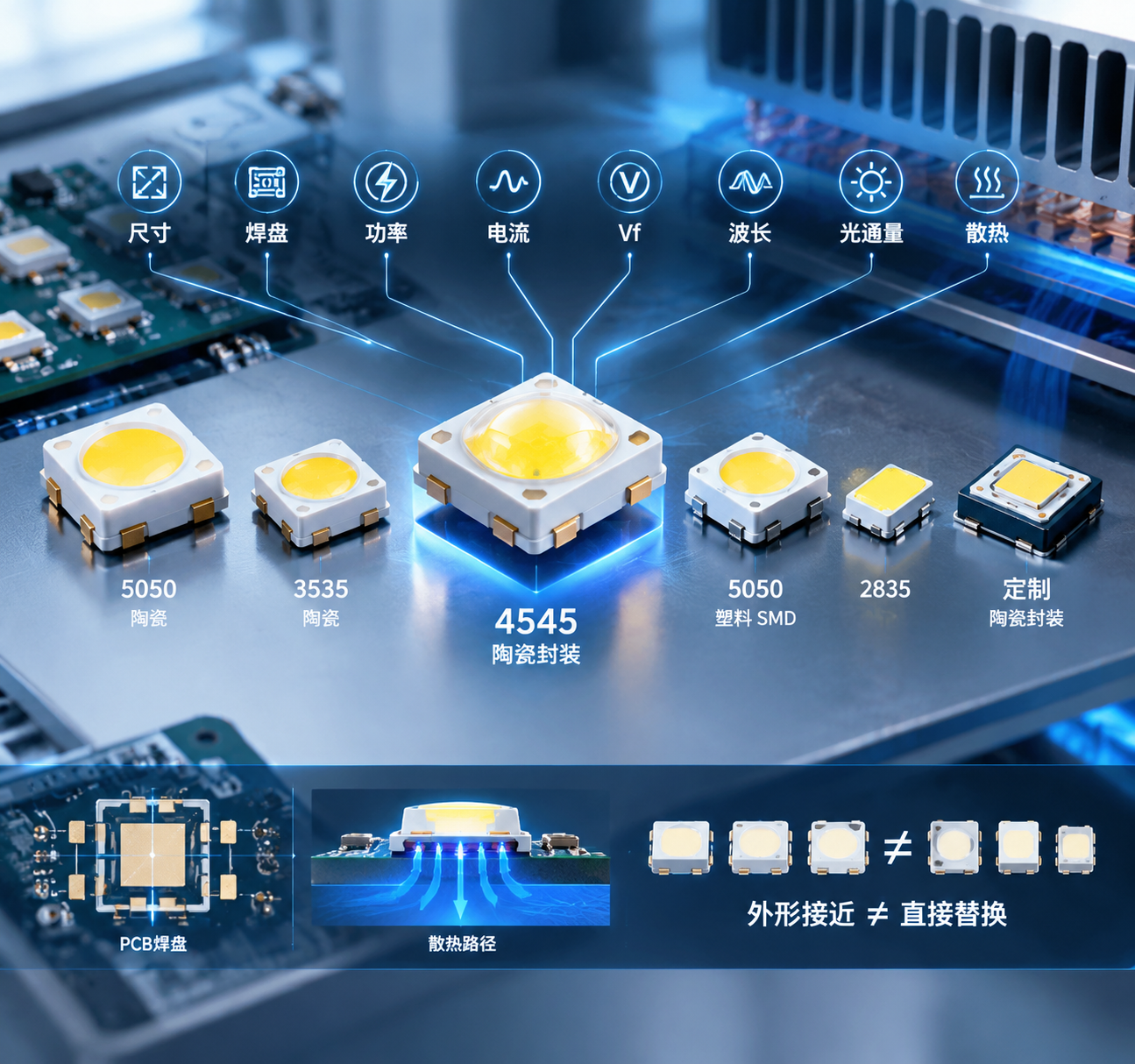 陶瓷封装灯珠选型场景示意图 4.5mm4545陶瓷灯珠与5050 3535 2835等对比 PCB焊盘热路径