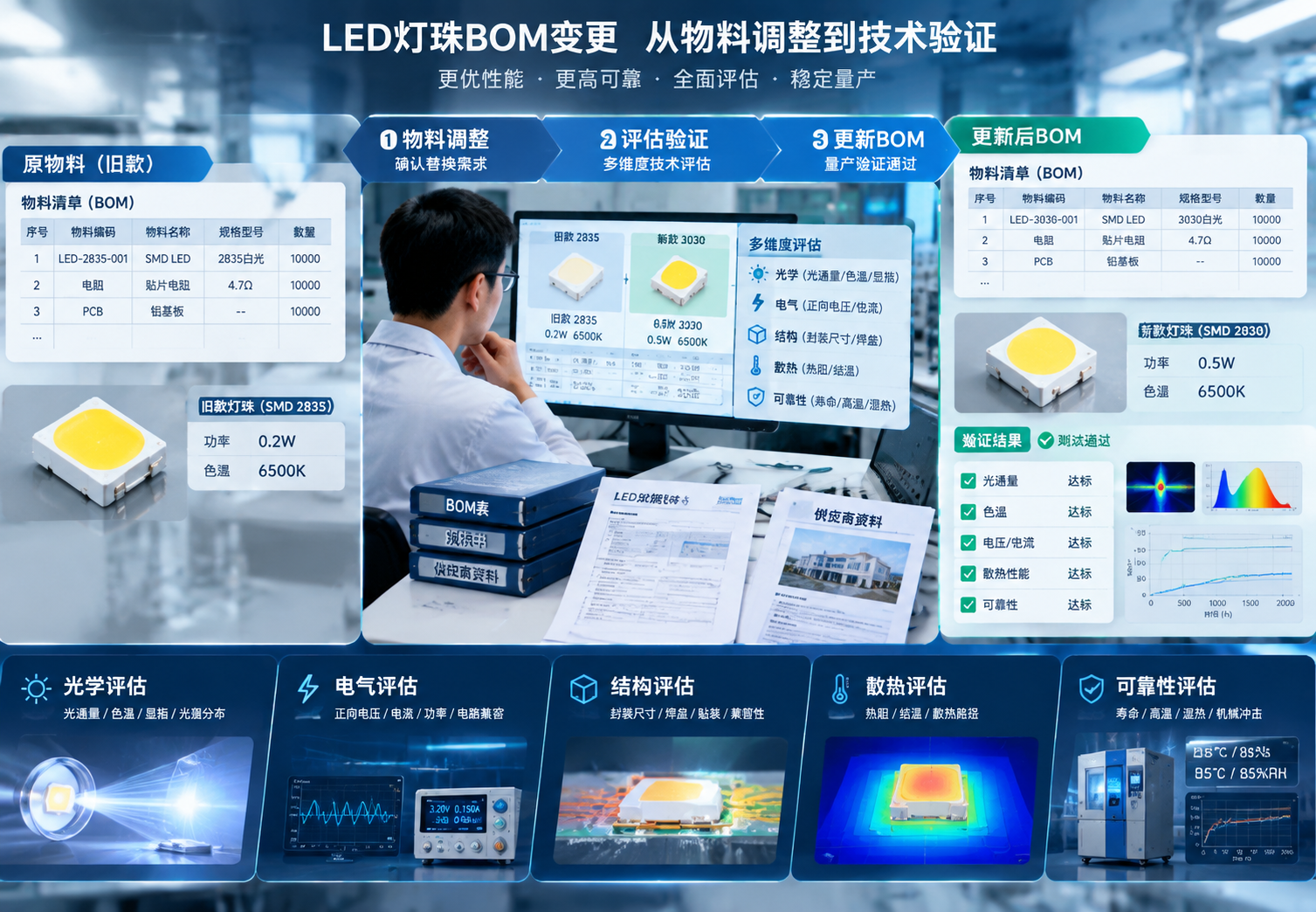 横版技术科普主视觉,展示LED灯珠BOM变更的整体流程场景。画面左侧为原灯珠物料清单文件、旧款SMD2835白光灯珠样品,标注关键参数:功率0.2W、色温6500K;中间展示工程师进行灯珠型号替换评估,旁边有BOM表格、规格书、供应商资料等技术文件;右侧展示更新后的BOM清单、新灯珠样品和验证结果界面,体现从物料调整到技术验证的全过程。整体风格为现代电子制造研发环境,突出光学、电气、结构、散热和可靠性多维评估概念,采用高清工业摄影结合信息图表设计,横向构图,适合公众号文章开篇展示。English note: LED BOM change overview, engineering workflow, technical document visualization, horizontal layout.