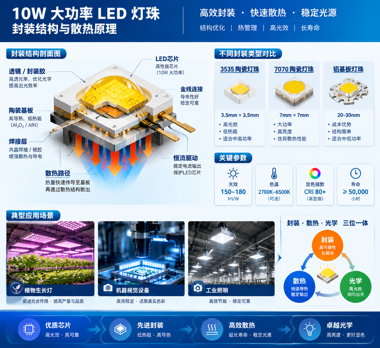 10W LED灯珠封装结构与散热原理