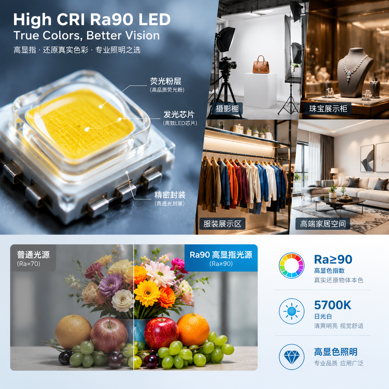 横版科技产品实拍风格,高显指LED灯珠Ra90专业照明核心价值展示:左侧微距LED封装结构(发光芯片、荧光粉层、精密封装),右侧摄影棚、珠宝展示柜、服装展示、高端家居等多场景融合对比,普通光源与Ra90光源下物体颜色层次差异,搭配Ra≥90、5700K日光白参数,真实商业摄影风格,横版头图