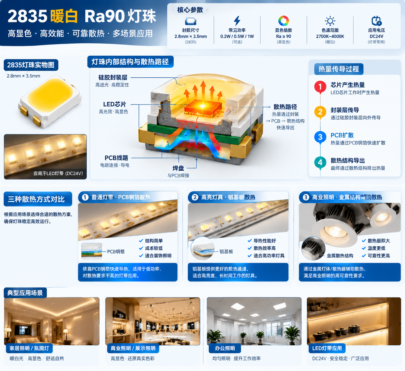 2835暖白Ra90灯珠散热原理