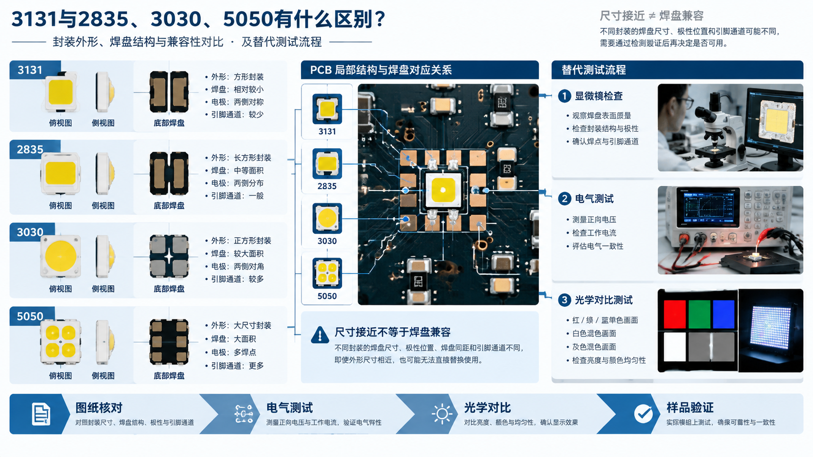 3131与2835对比封装焊盘检测流程横版信息图