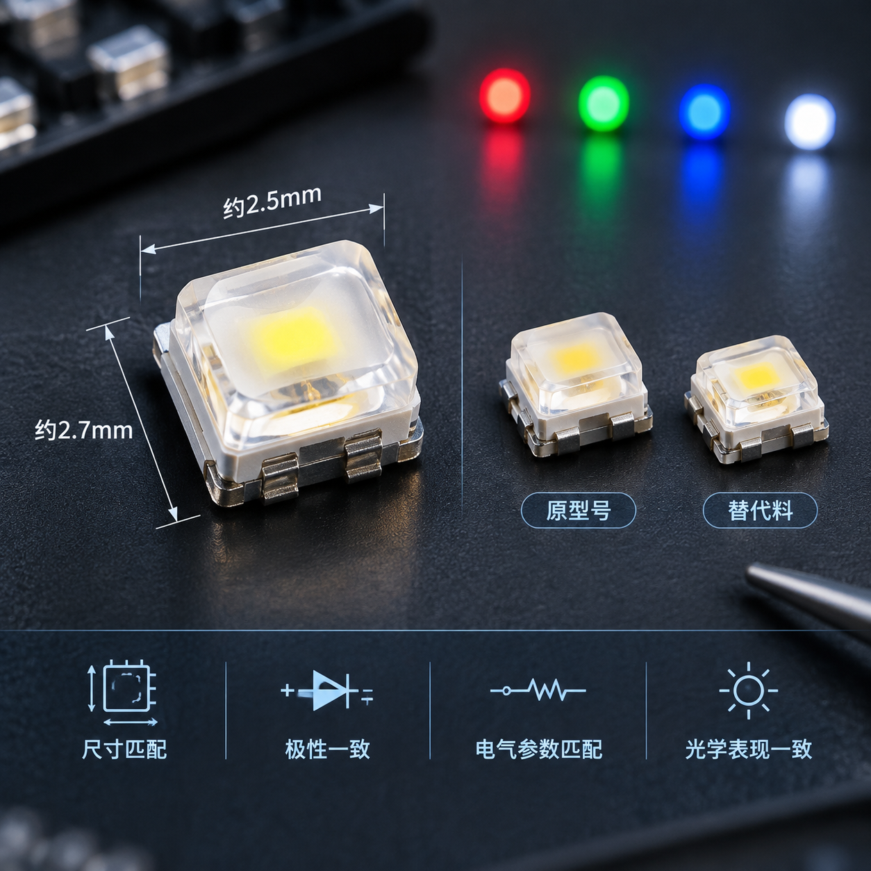 2527单色高亮灯珠替代料尺寸识别与兼容选型