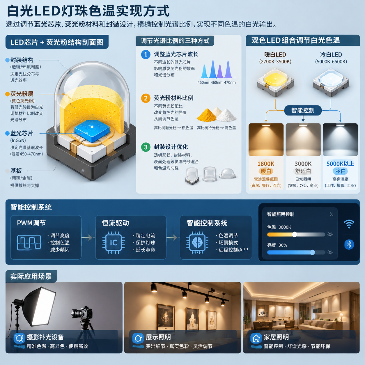 白光灯珠色温实现方式技术示意图