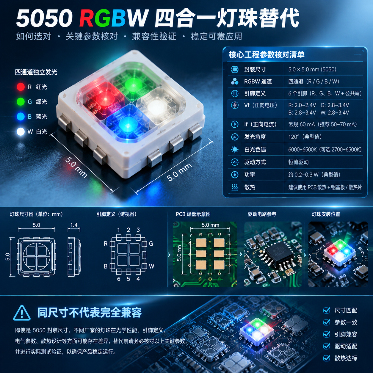 5050RGBW四合一灯珠结构与关键参数核对