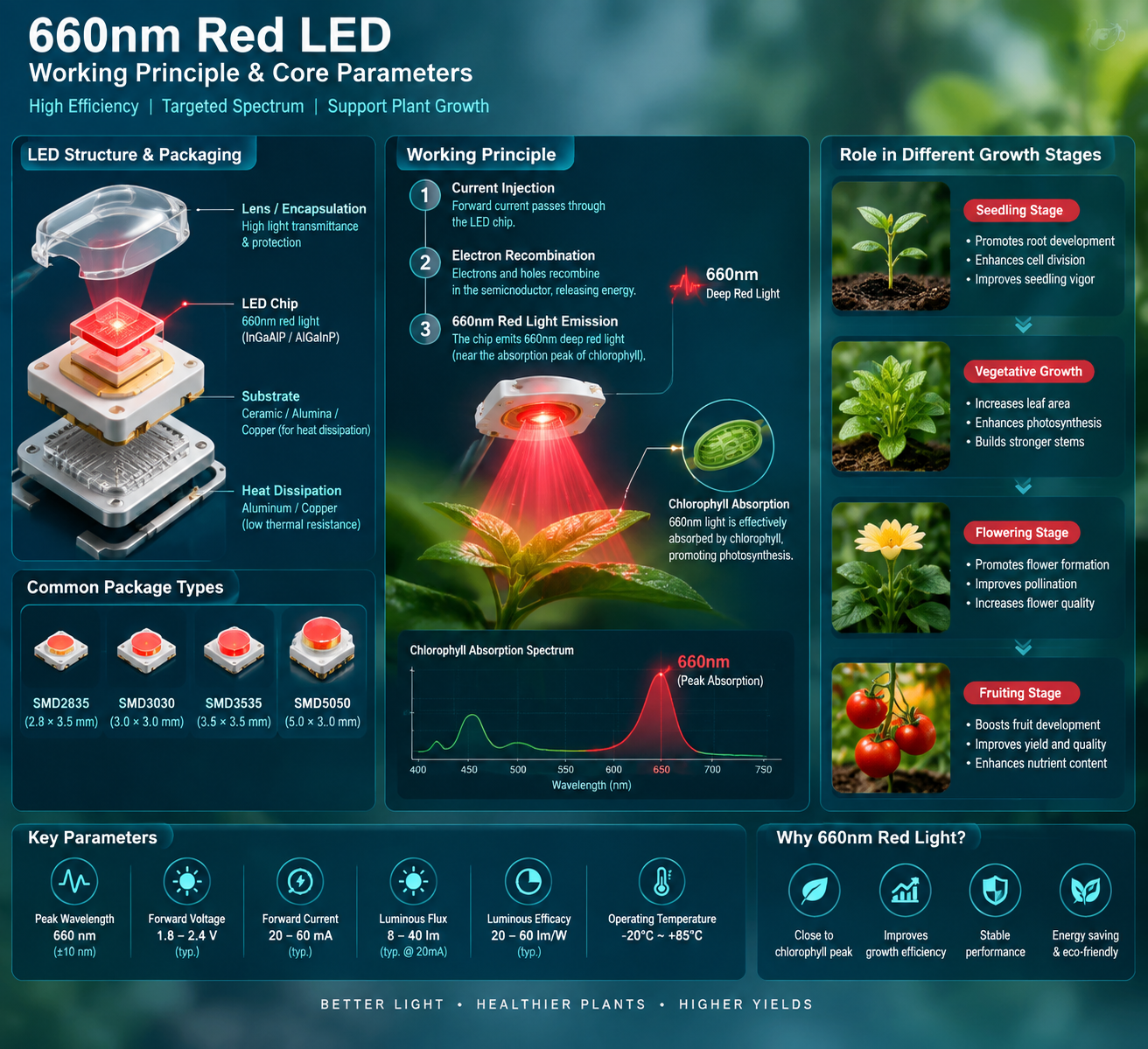 660nm红光LED灯珠工作原理技术示意图