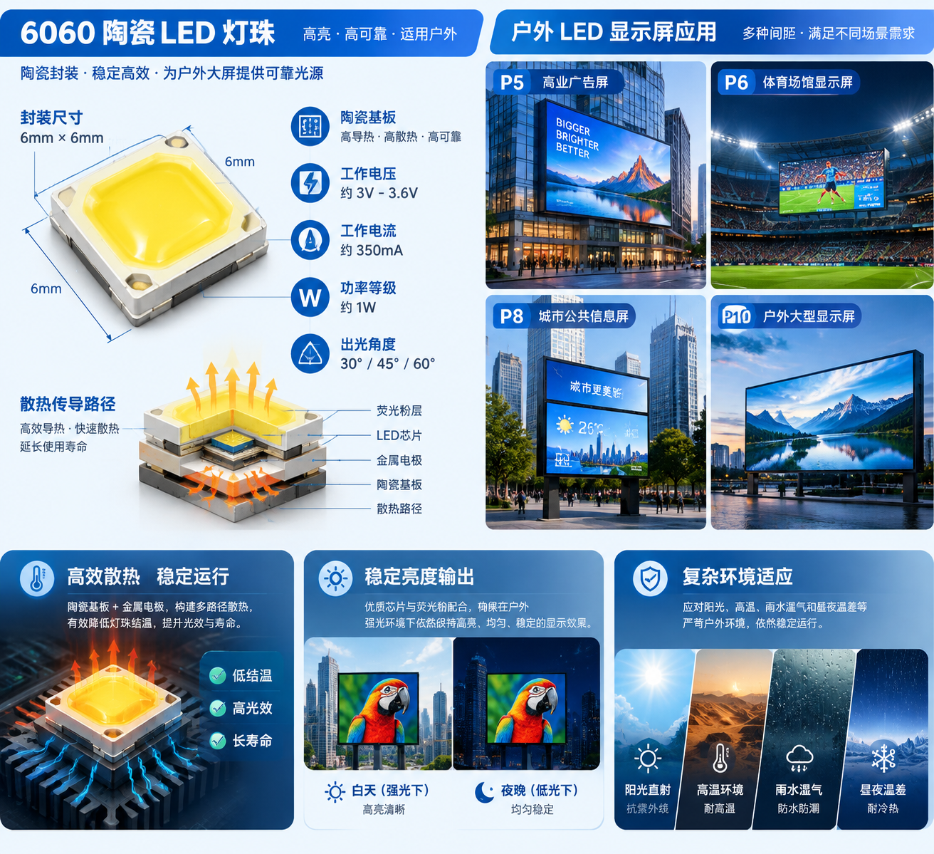 6060陶瓷LED灯珠参数与户外应用
