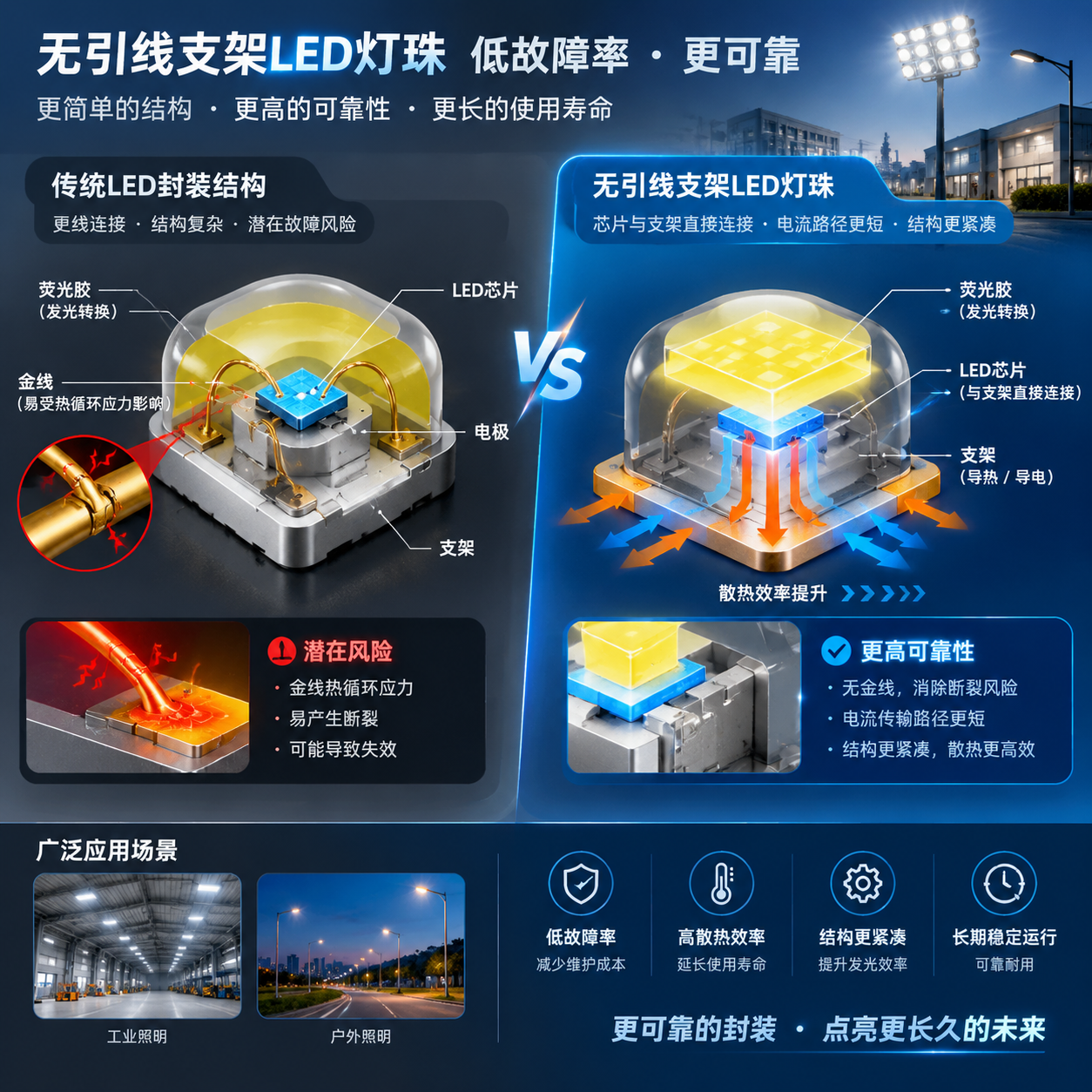 传统金线LED vs 无引线支架LED对比剖面示意