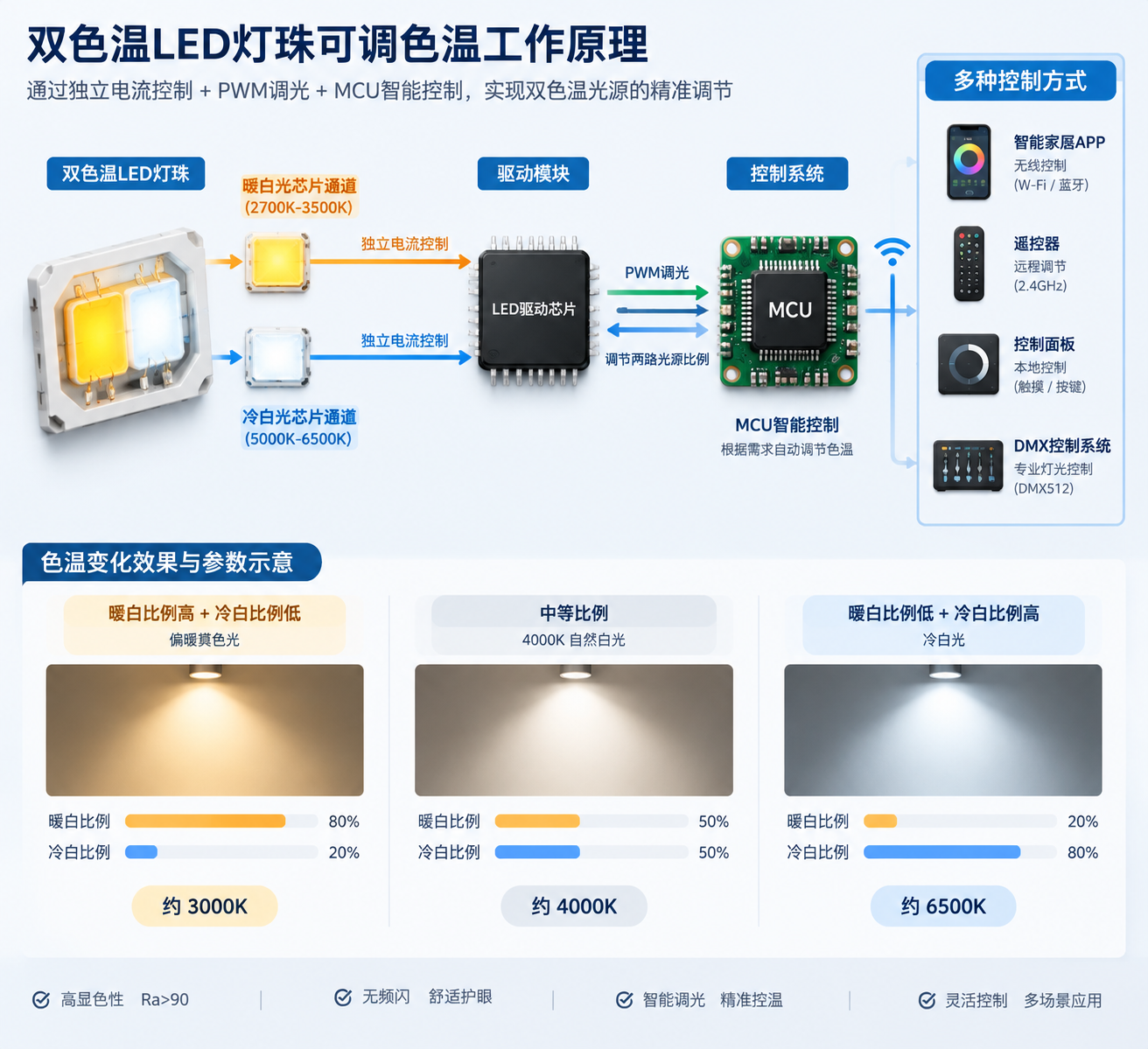 双色温LED灯珠工作原理示意图