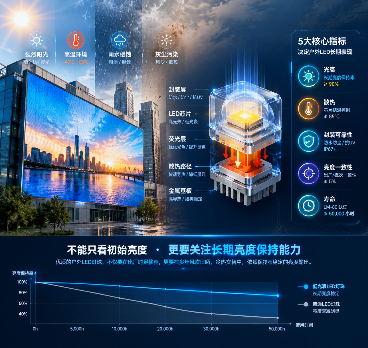 横版科技工业风场景图,展示户外LED显示屏长期运行环境与低光衰灯珠选型核心问题。画面左侧为安装在城市建筑外墙上的大型户外LED显示屏,正在经历强烈阳光、高温、雨水和灰尘环境;画面右侧以半透明剖面形式展示LED灯珠结构,突出芯片、封装层、散热路径,并叠加简洁的数据元素:光衰、散热、封装可靠性、亮度一致性、寿命五个核心指标。画面体现“不能只看初始亮度,需要关注长期亮度保持能力”的主题,整体采用真实工业摄影结合科技信息图风格,横向构图,适合公众号文章首图位置