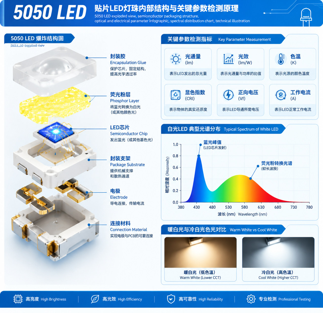 5050贴片LED灯珠的内部结构及关键参数检测原理