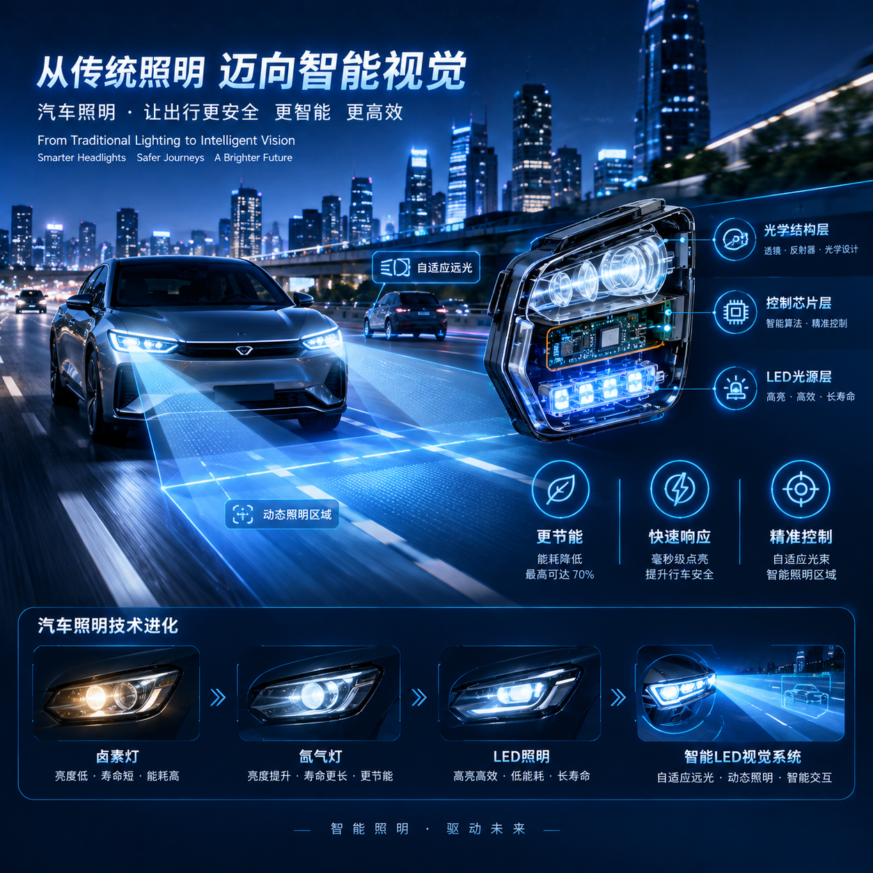 智能车灯从传统汽车照明向智能视觉系统升级的场景:现代新能源汽车夜间行驶,车灯内部半透明剖视展示LED光源、控制芯片、光学结构三层组合,旁侧节能、快速响应、精准控制的技术信息视觉符号,整体突出升级趋势,蓝白色科技光影,横向构图