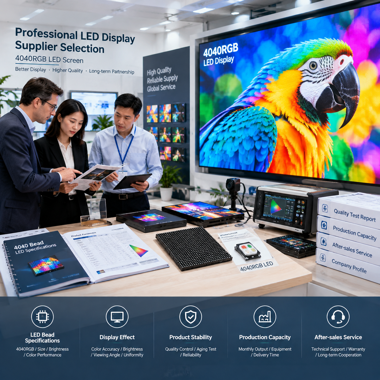 Professional LED display supplier selection scene, 4040RGB LED screen, product evaluation, business photography style.