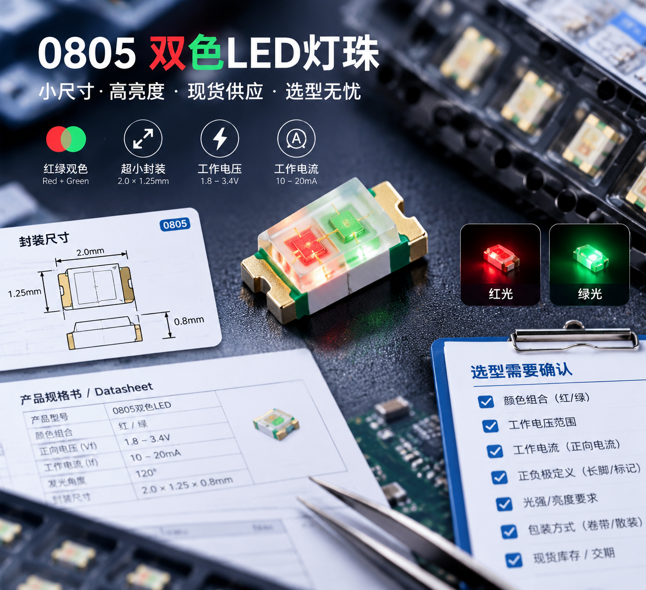 0805双色LED灯珠规格资料展示