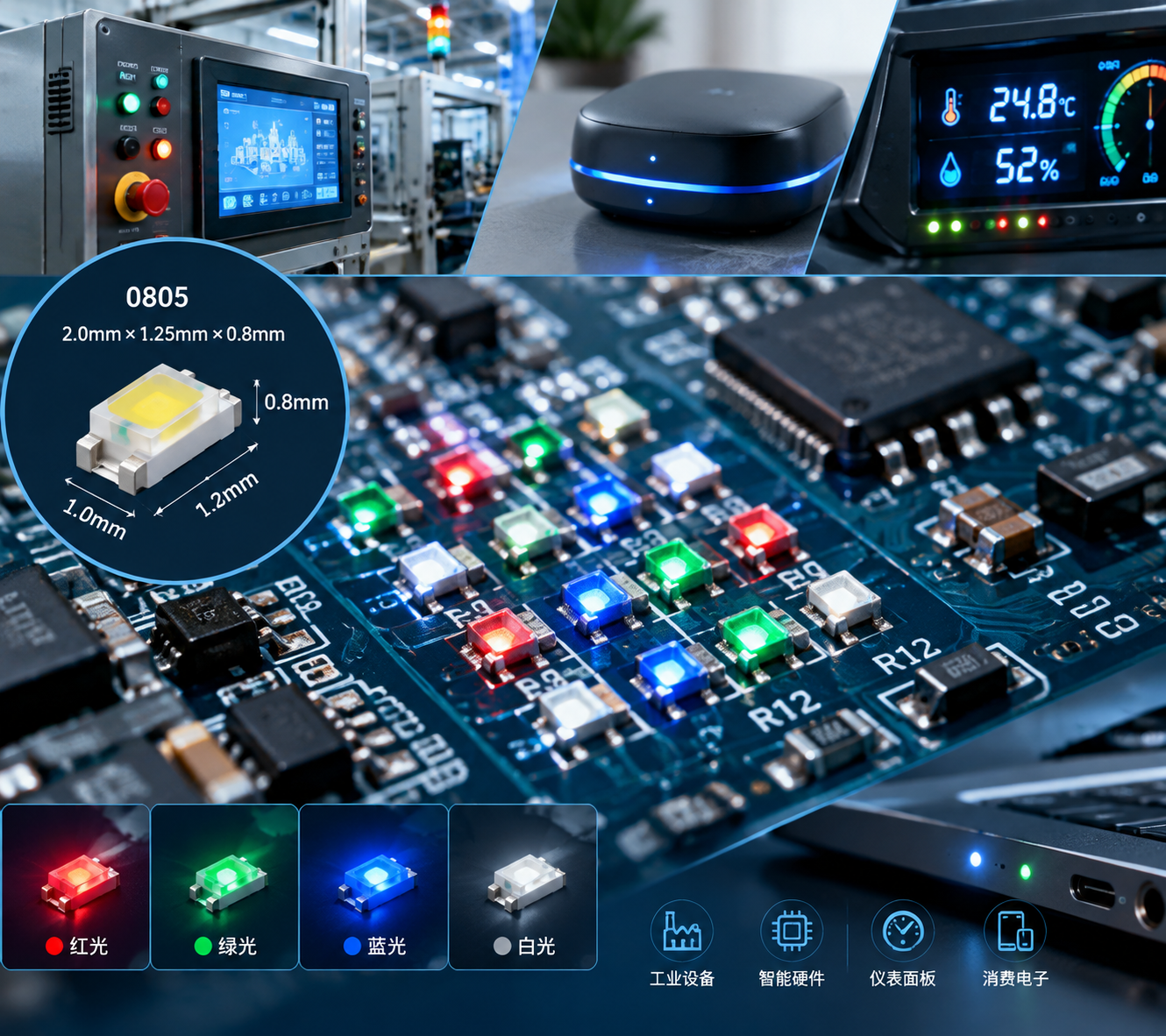 PCB线路板上密集排列多种颜色0805贴片灯珠指示灯