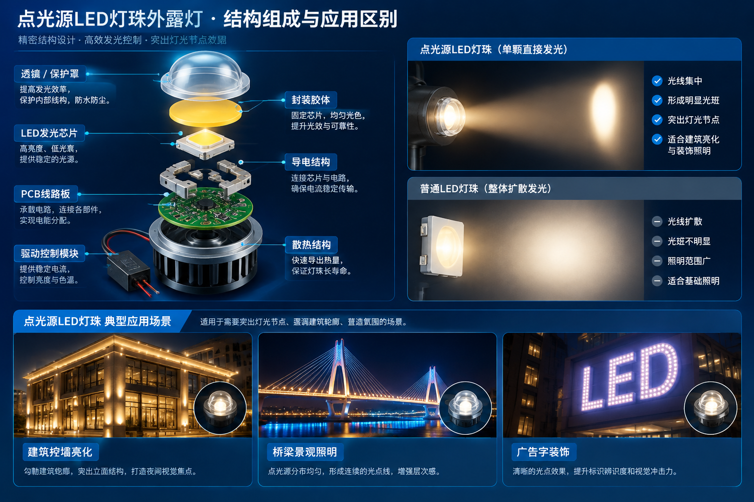 LED结构拆解与发光对比示意图