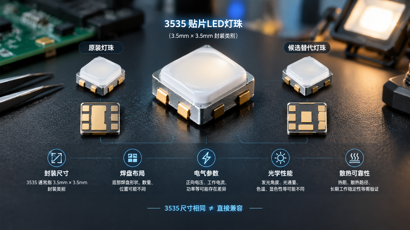 3535 LED灯珠兼容替换核心问题对比示意图