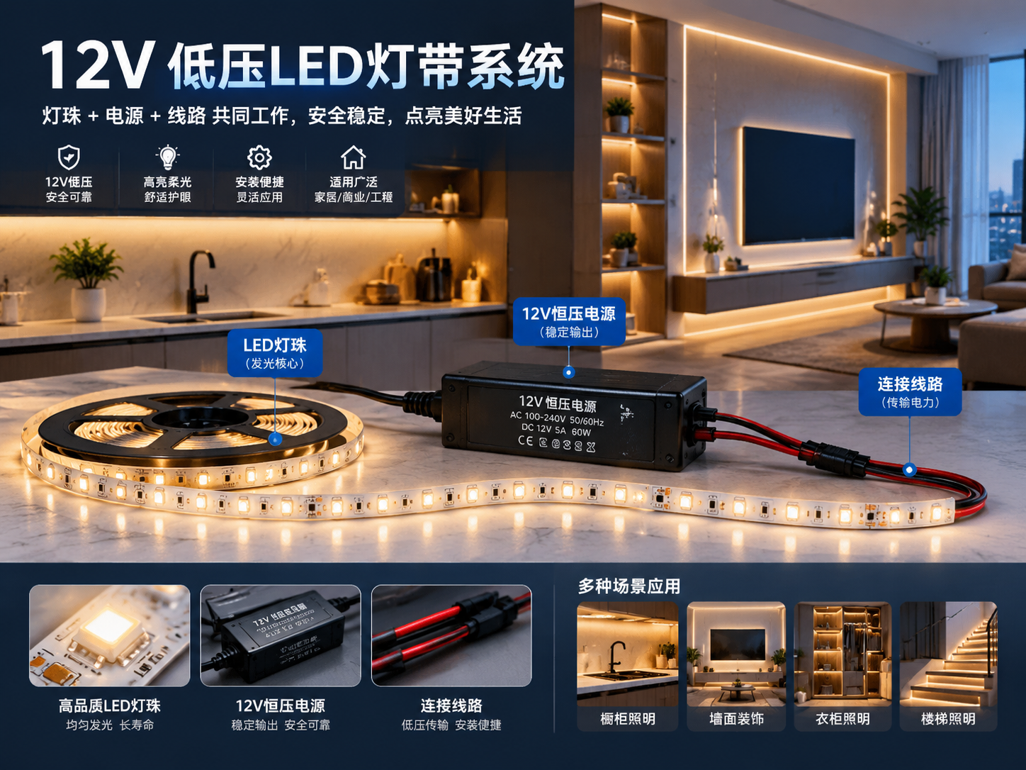 12V低压LED灯带系统家居橱柜照明展示