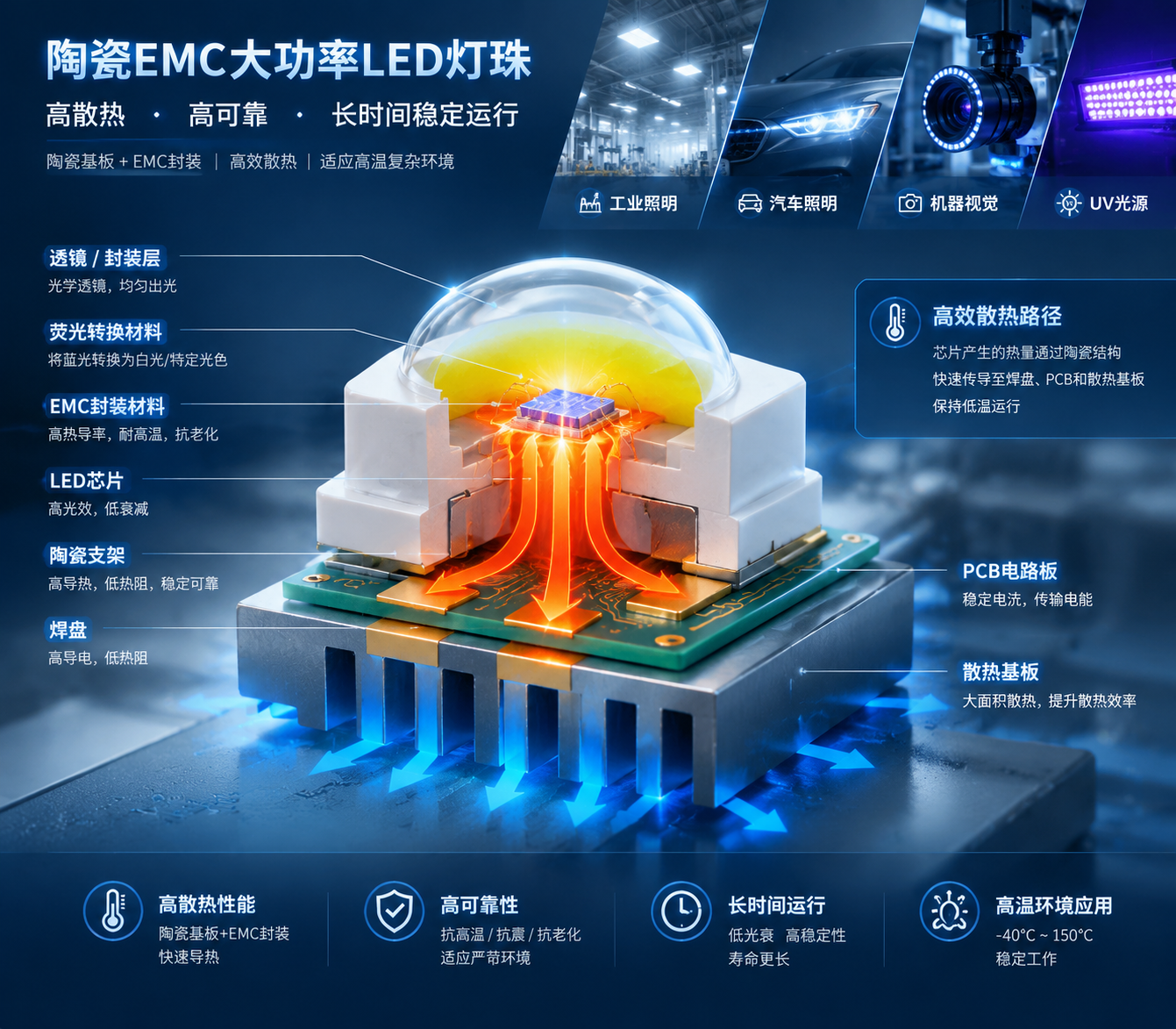 横版构图,工业级产品实拍结合轻度三维技术展示,一颗陶瓷EMC大功率LED灯珠置于画面中心,采用半透明剖视结构展示LED芯片、陶瓷支架、EMC封装材料、焊盘、荧光转换材料等组成,芯片发出的热量以红橙色热流箭头沿陶瓷结构向底部焊盘、PCB和散热基板稳定传递,背景融入高亮工业照明、汽车照明、机器视觉、UV光源等典型应用轮廓,整体突出高散热、高可靠性、长时间运行、高温环境应用特点,蓝灰科技色调,高端电子制造质感,横版16:9。 English: Ceramic EMC LED package cutaway with stable heat dissipation path, industrial technology style, widescreen.