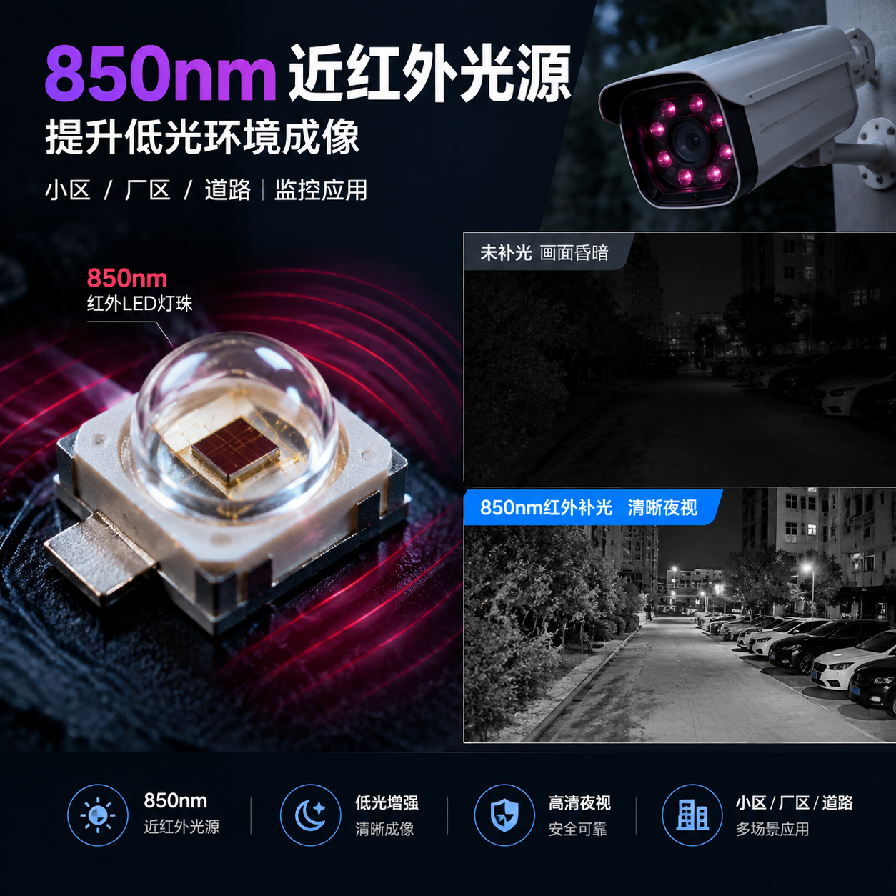 红外 LED 灯珠 850nm(监控补光选型指南)
