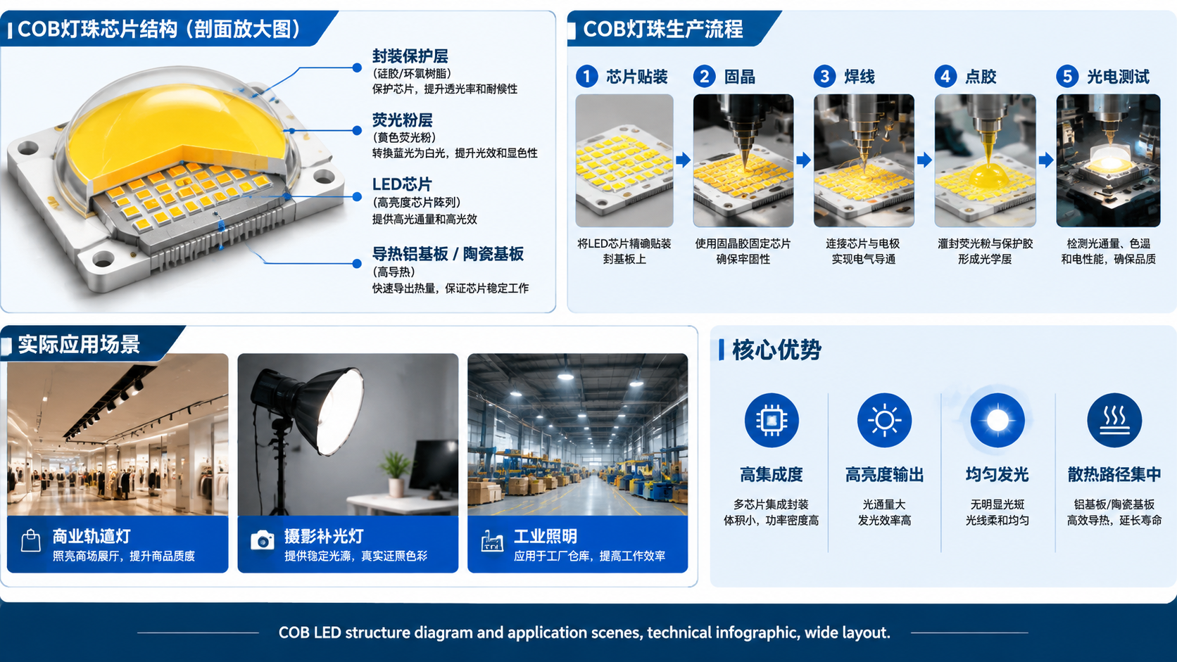 COB灯珠芯片结构与应用示意