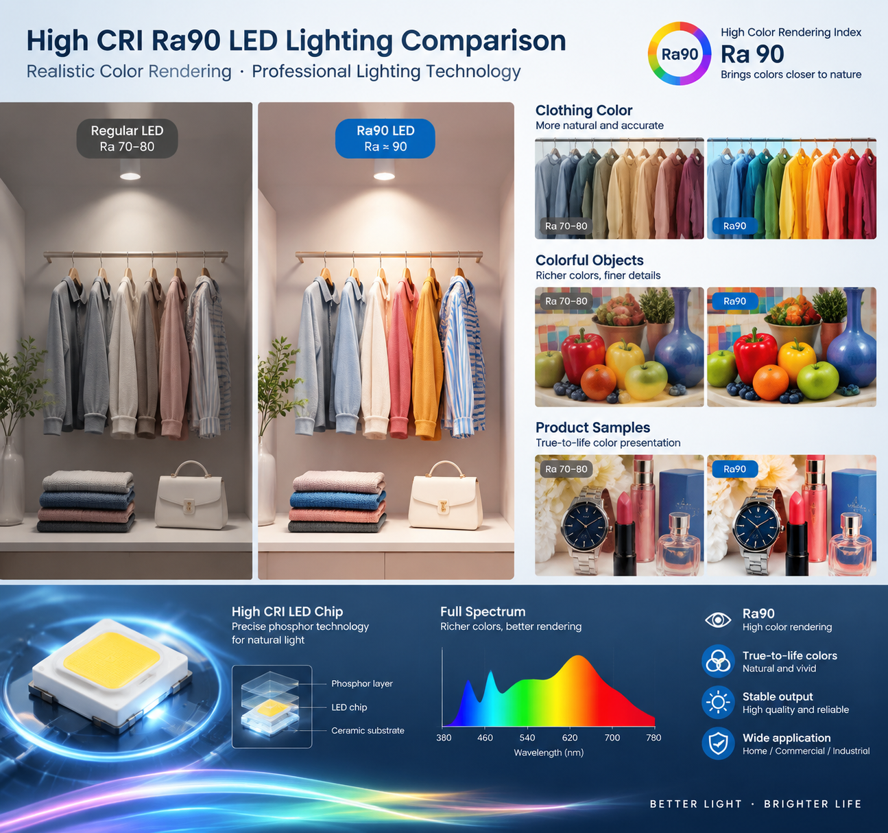 高显指LED灯珠Ra90核心特点对比:普通LED与Ra90灯珠在服装、商品样品等场景的色彩还原差异,专业照明技术展示,横版构图